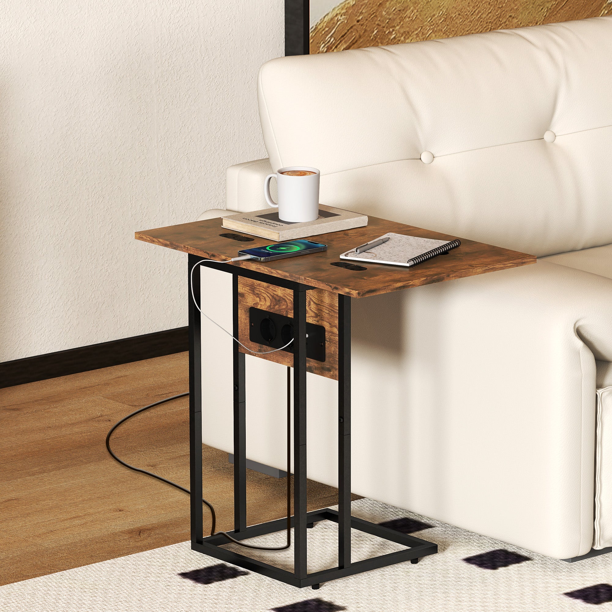 Table d'appoint avec station de charge, bout de canapé avec plateau pliable, cadre en métal, table basse pour salon, chambre, 39 x 29 x 57 cm, brun rustique et noir