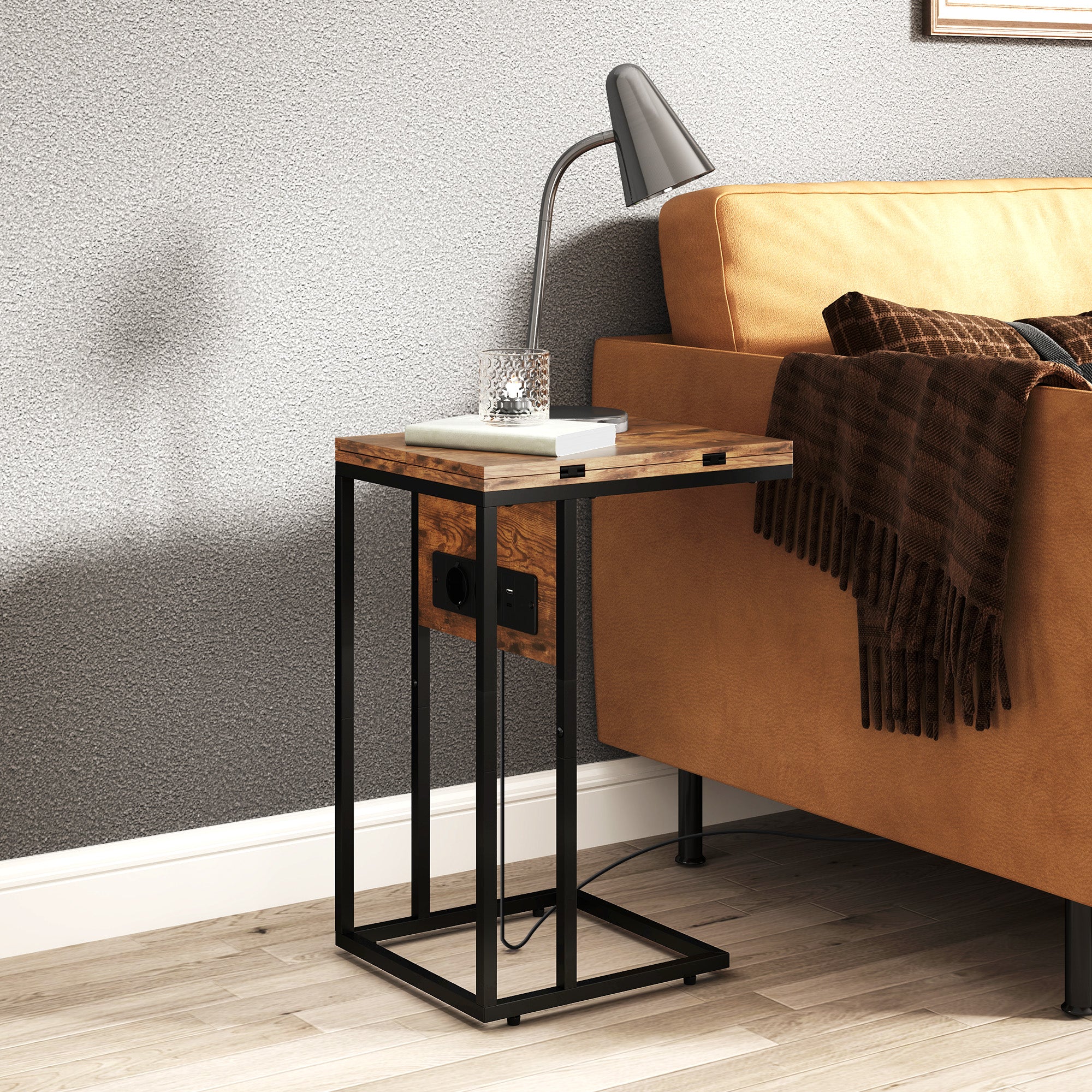 Table d'appoint avec station de charge, bout de canapé avec plateau pliable, cadre en métal, table basse pour salon, chambre, 39 x 29 x 57 cm, brun rustique et noir