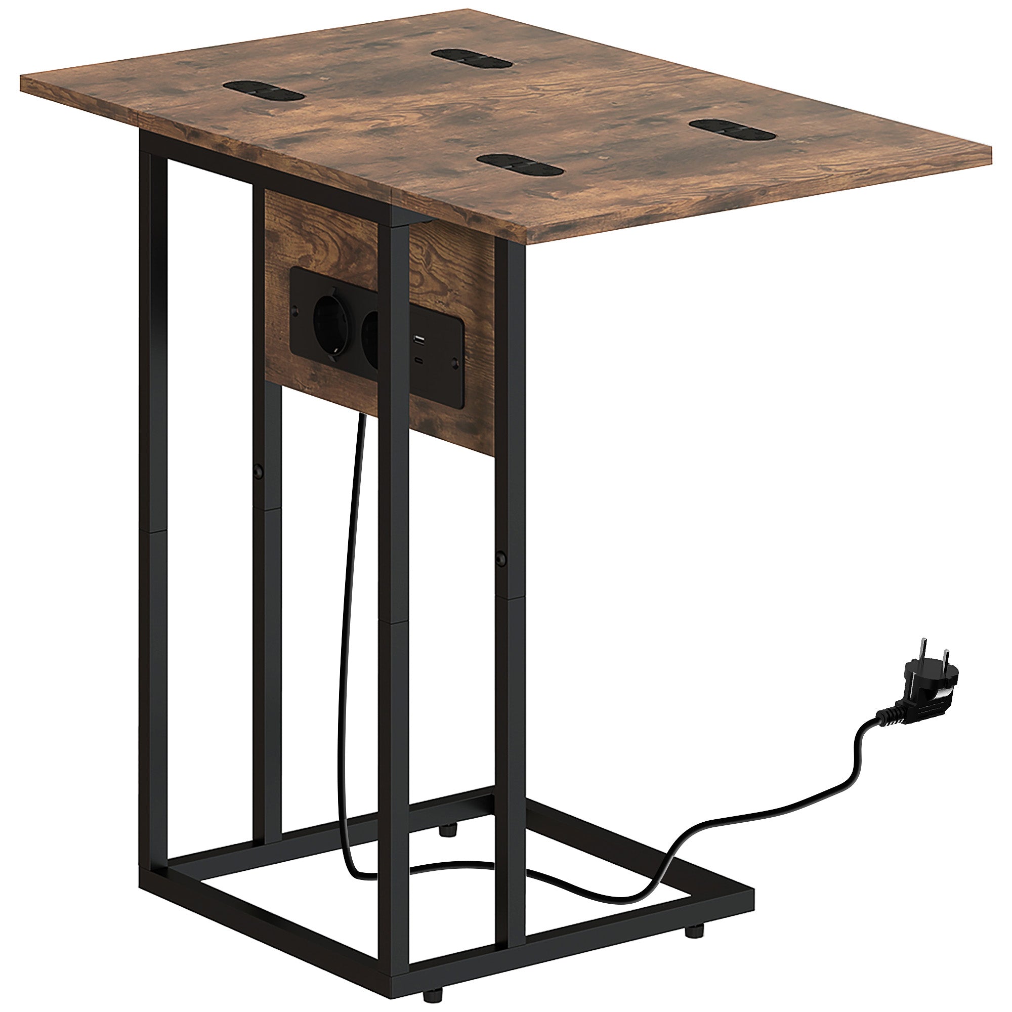 Table d'appoint avec station de charge, bout de canapé avec plateau pliable, cadre en métal, table basse pour salon, chambre, 39 x 29 x 57 cm, brun rustique et noir
