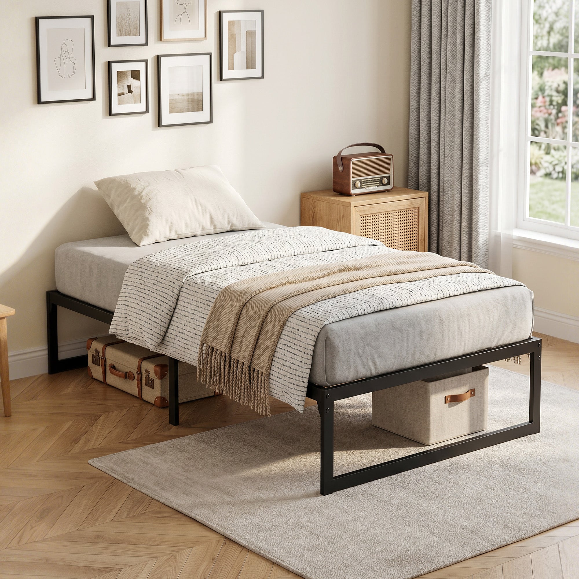Cadre de lit 90 x 200 cm avec sommier, lit simple avec support à lattes en métal, rangement au-dessous de 32,5H cm, sans bruit, montage facile, noir