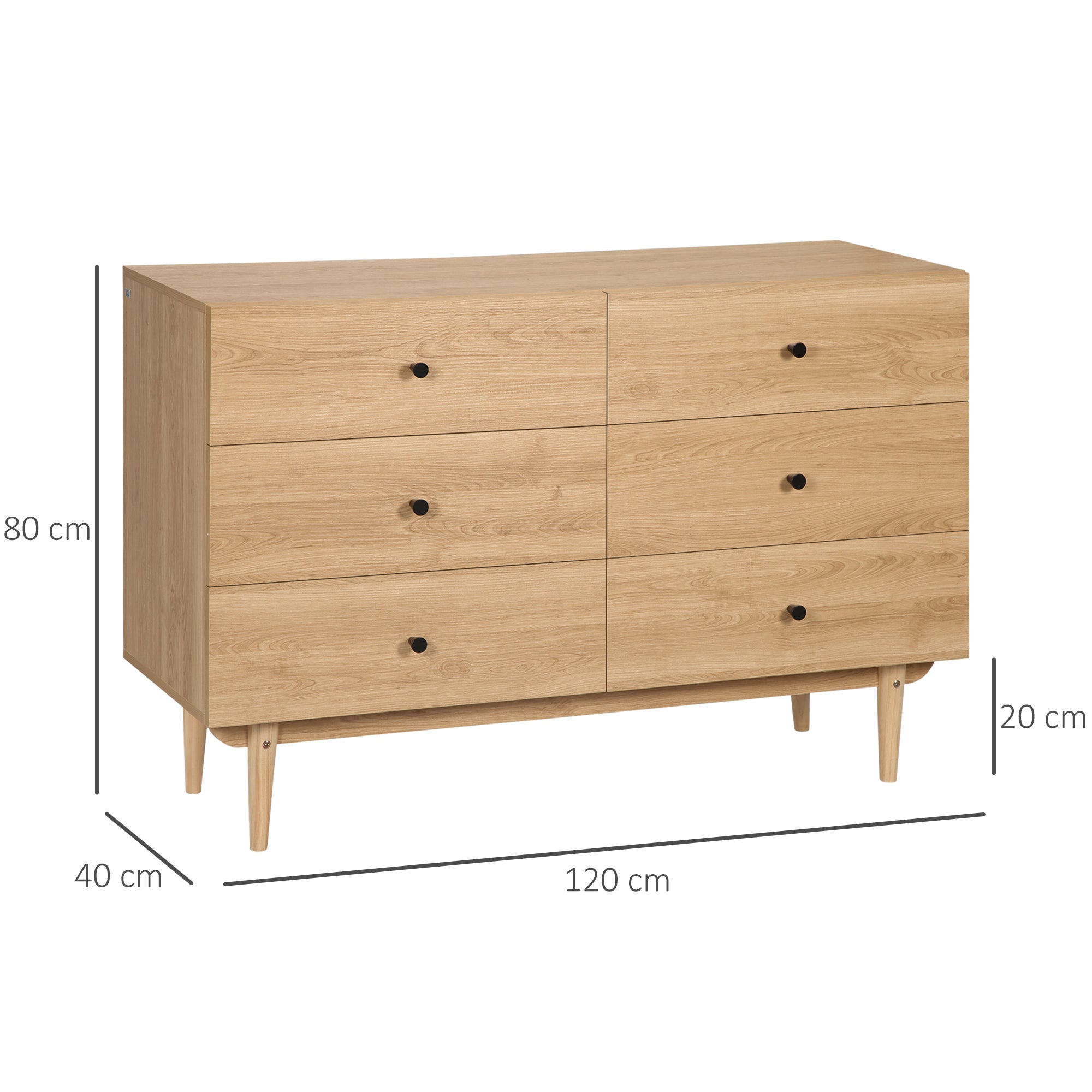 Commode 6 tiroirs meuble de rangement pieds en bois massif 120 x 40 x 80 cm couleur bois