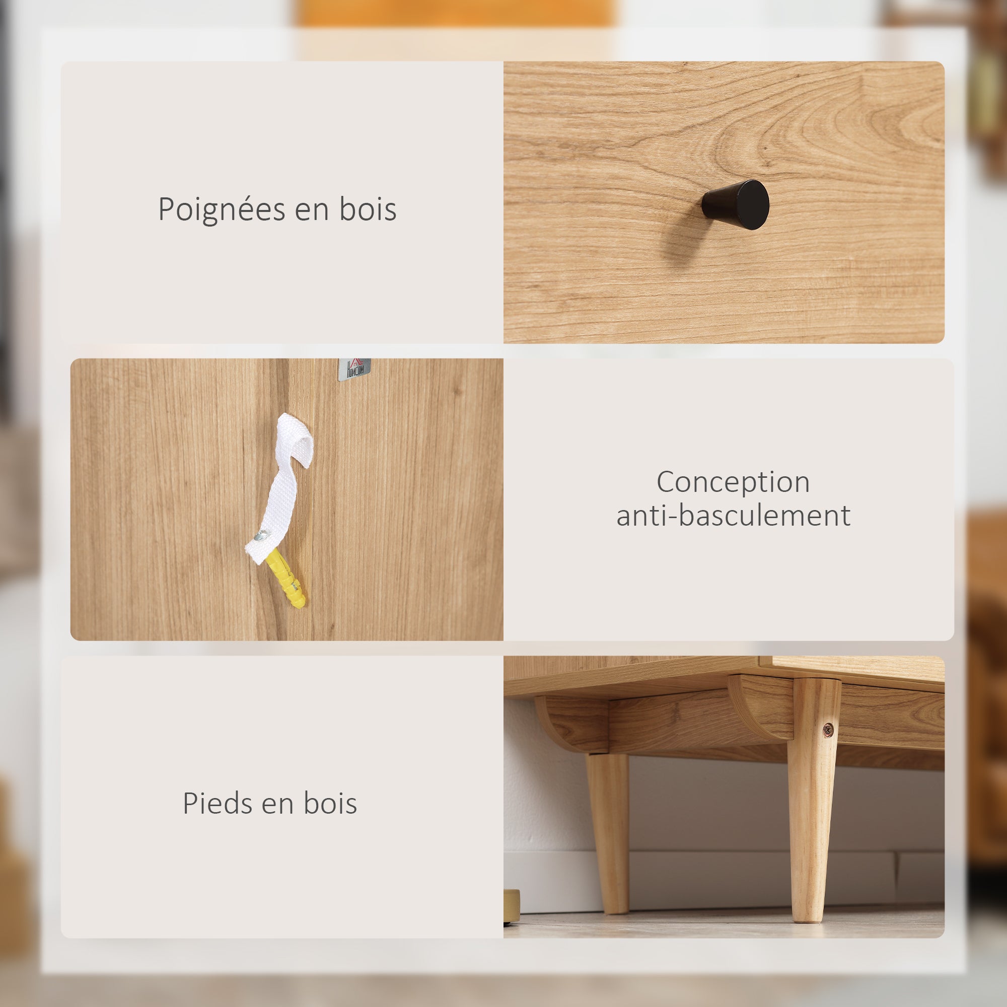 Commode 6 tiroirs meuble de rangement pieds en bois massif 120 x 40 x 80 cm couleur bois