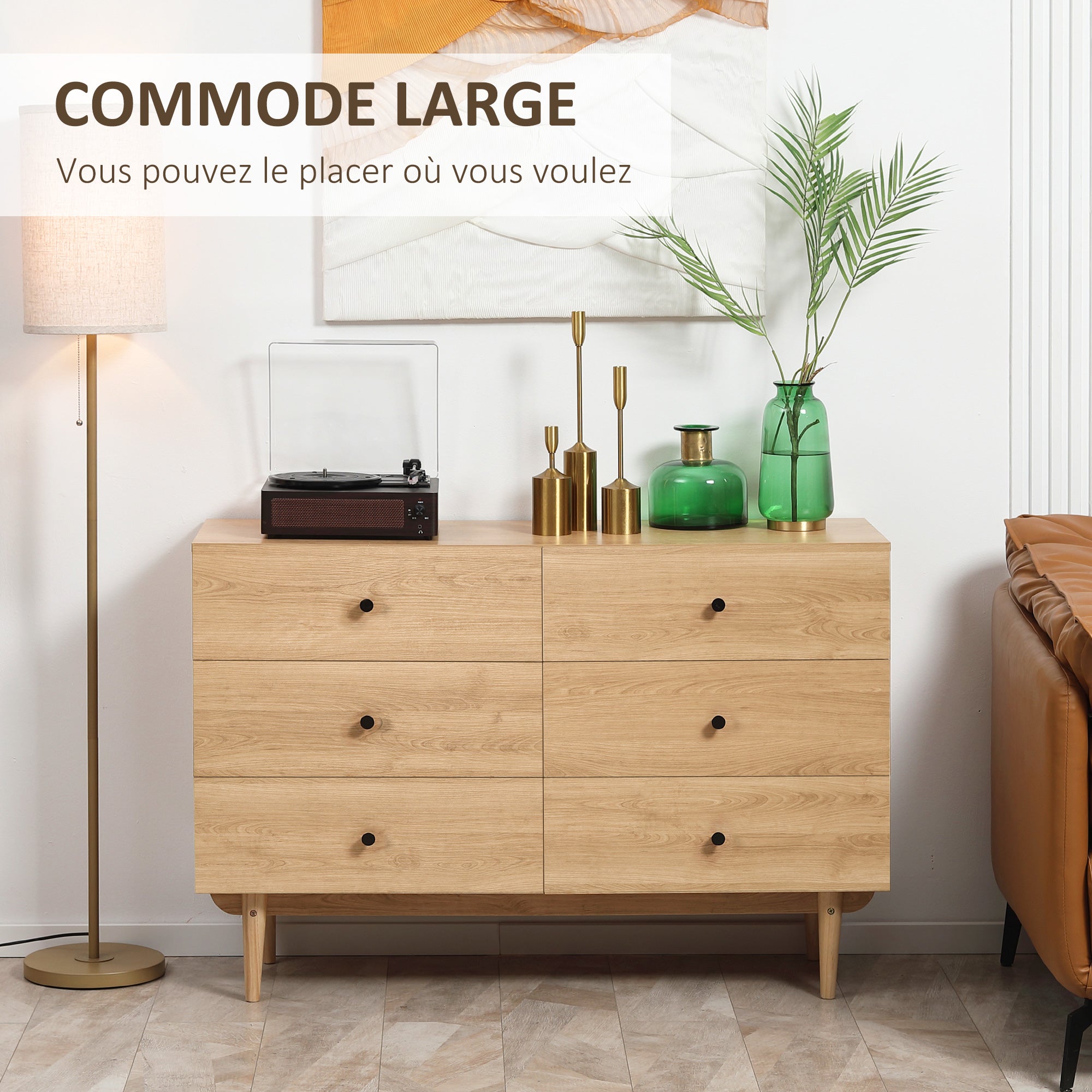 Commode 6 tiroirs meuble de rangement pieds en bois massif 120 x 40 x 80 cm couleur bois