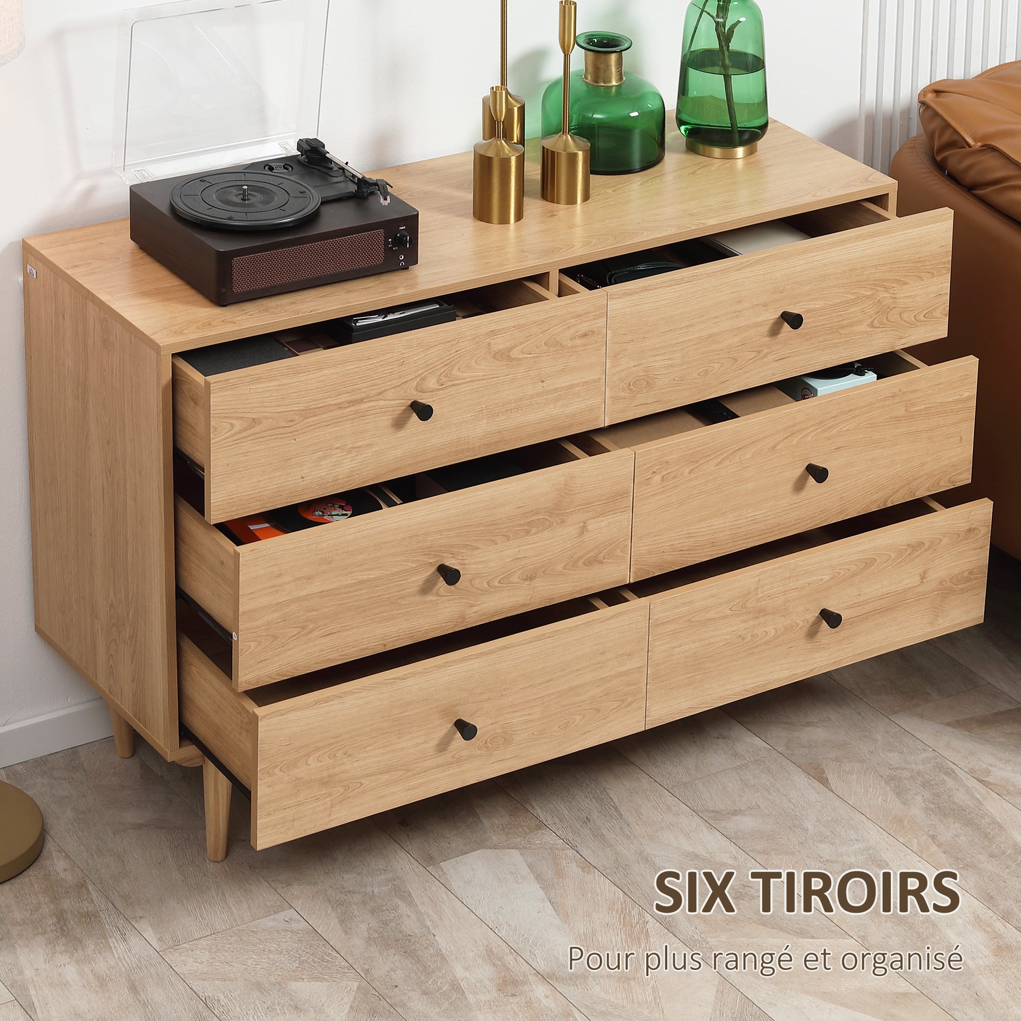 Commode 6 tiroirs meuble de rangement pieds en bois massif 120 x 40 x 80 cm couleur bois