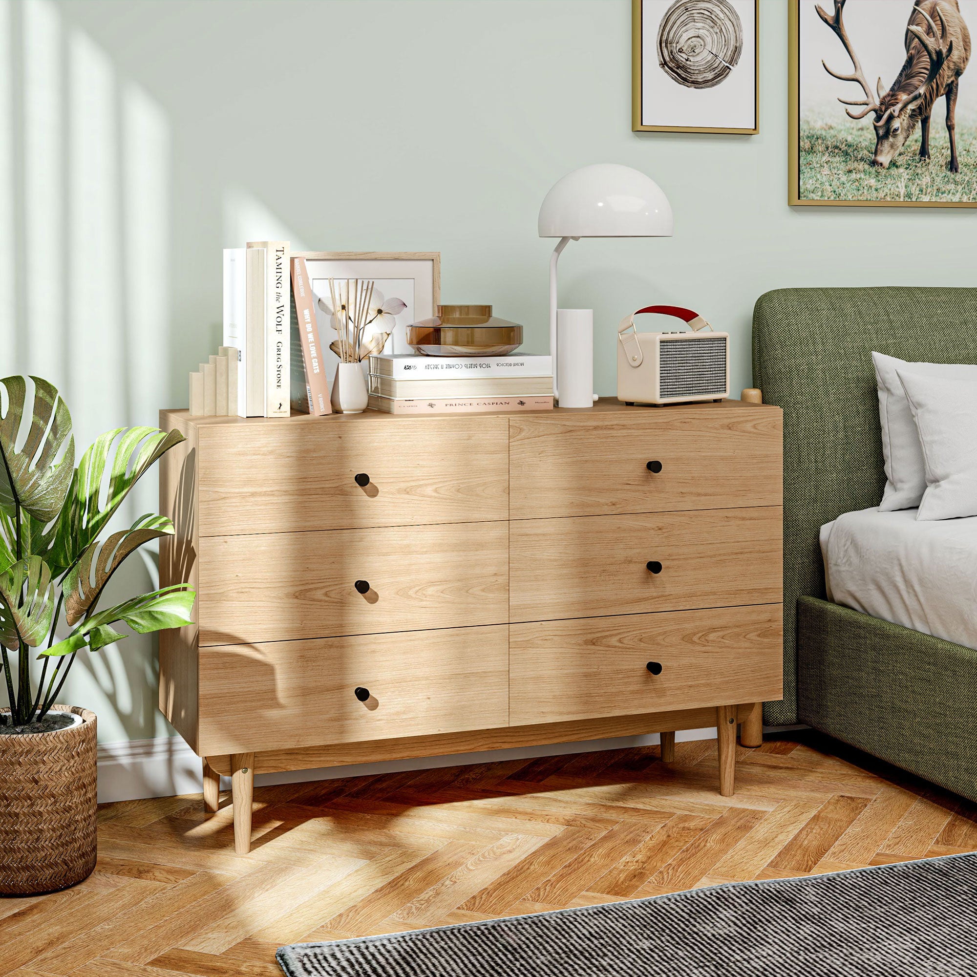 Commode 6 tiroirs meuble de rangement pieds en bois massif 120 x 40 x 80 cm couleur bois