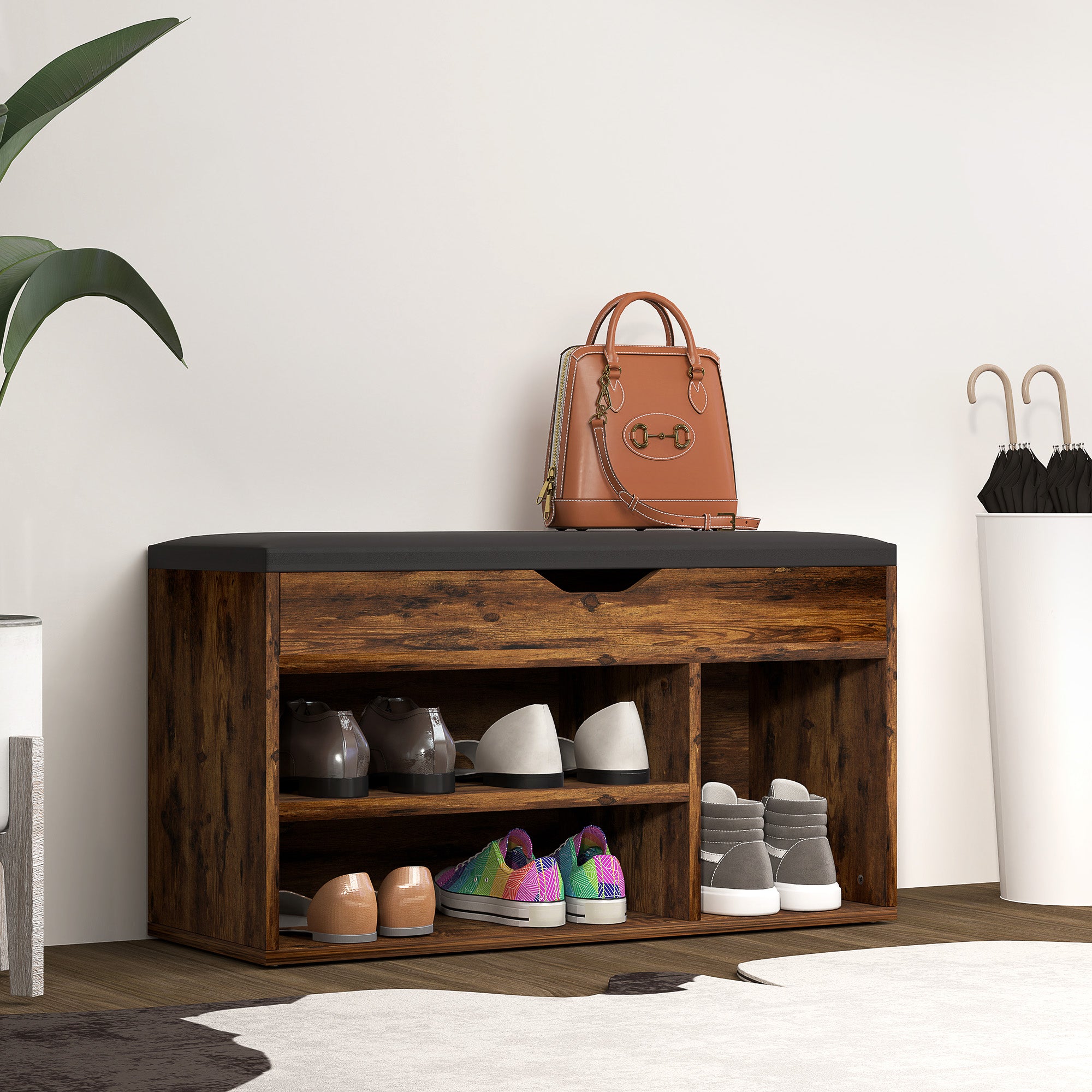 Meuble Chaussures Banc à Chaussures 2 Niveaux Rangement, Niche + Coffre intégré avec Coussin Effet bois d'acajou