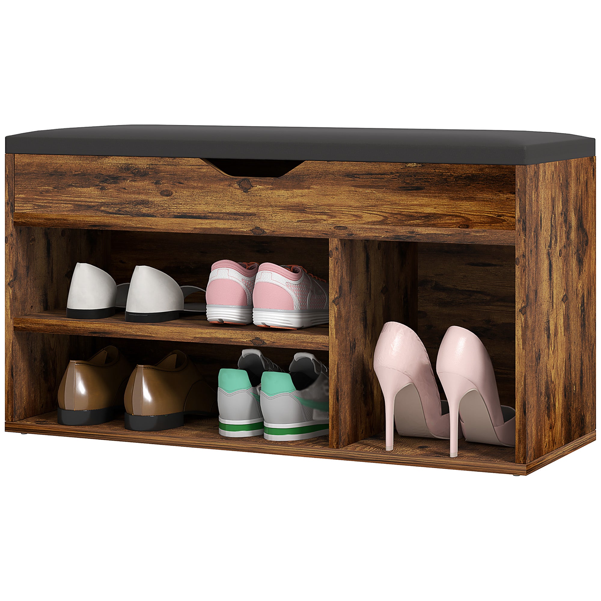 Meuble Chaussures Banc à Chaussures 2 Niveaux Rangement, Niche + Coffre intégré avec Coussin Effet bois d'acajou