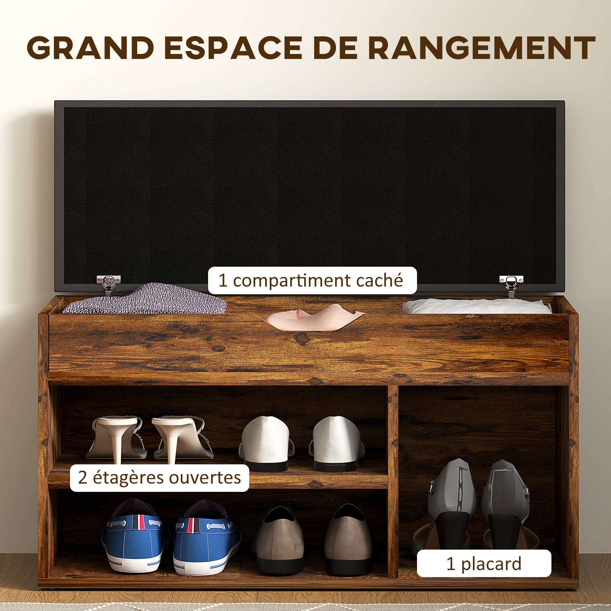 Meuble Chaussures Banc à Chaussures 2 Niveaux Rangement, Niche + Coffre intégré avec Coussin Effet bois d'acajou