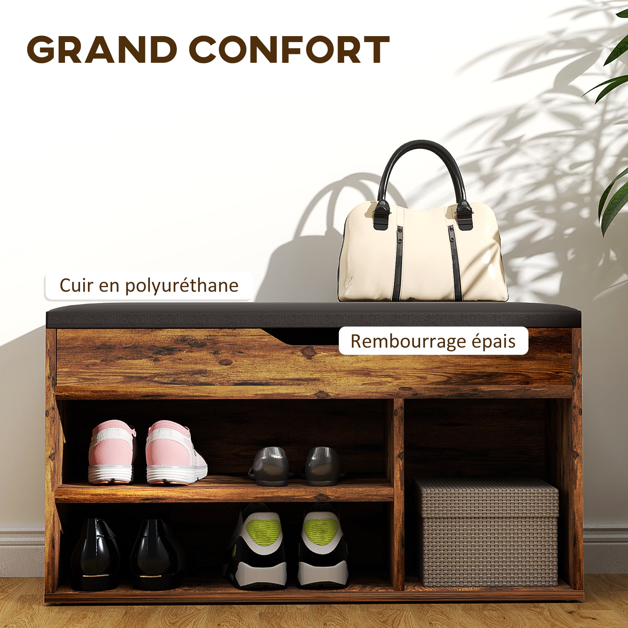 Meuble Chaussures Banc à Chaussures 2 Niveaux Rangement, Niche + Coffre intégré avec Coussin Effet bois d'acajou