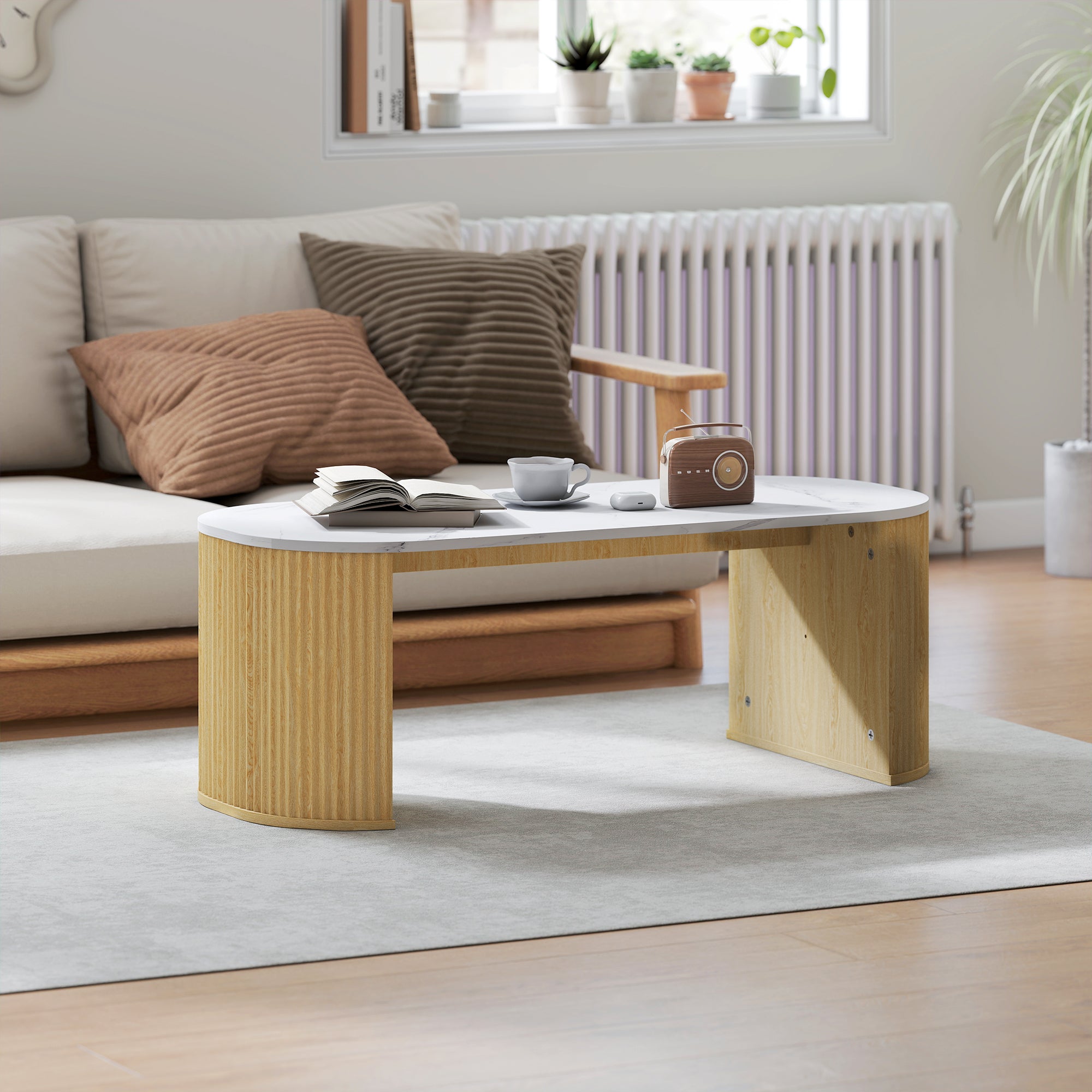 Table basse ovale, table d'appoint aspect effet marbre, avec coins arrondis et pieds épais, pour salon bureau chambre, 110 x 50 x 40 cm, blanc