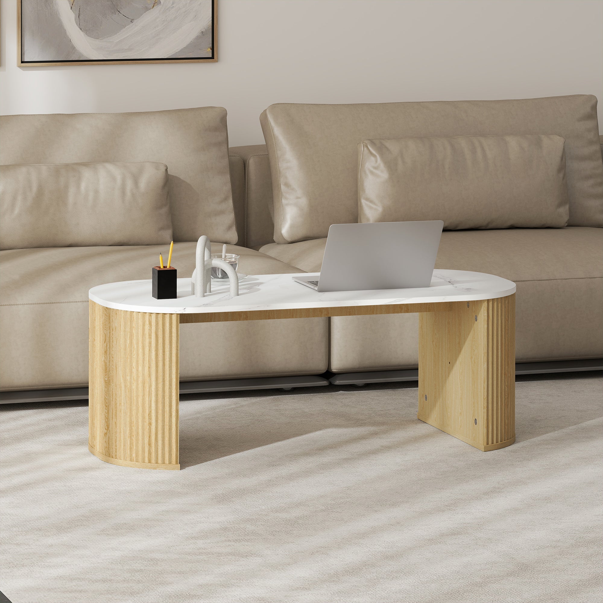 Table basse ovale, table d'appoint aspect effet marbre, avec coins arrondis et pieds épais, pour salon bureau chambre, 110 x 50 x 40 cm, blanc