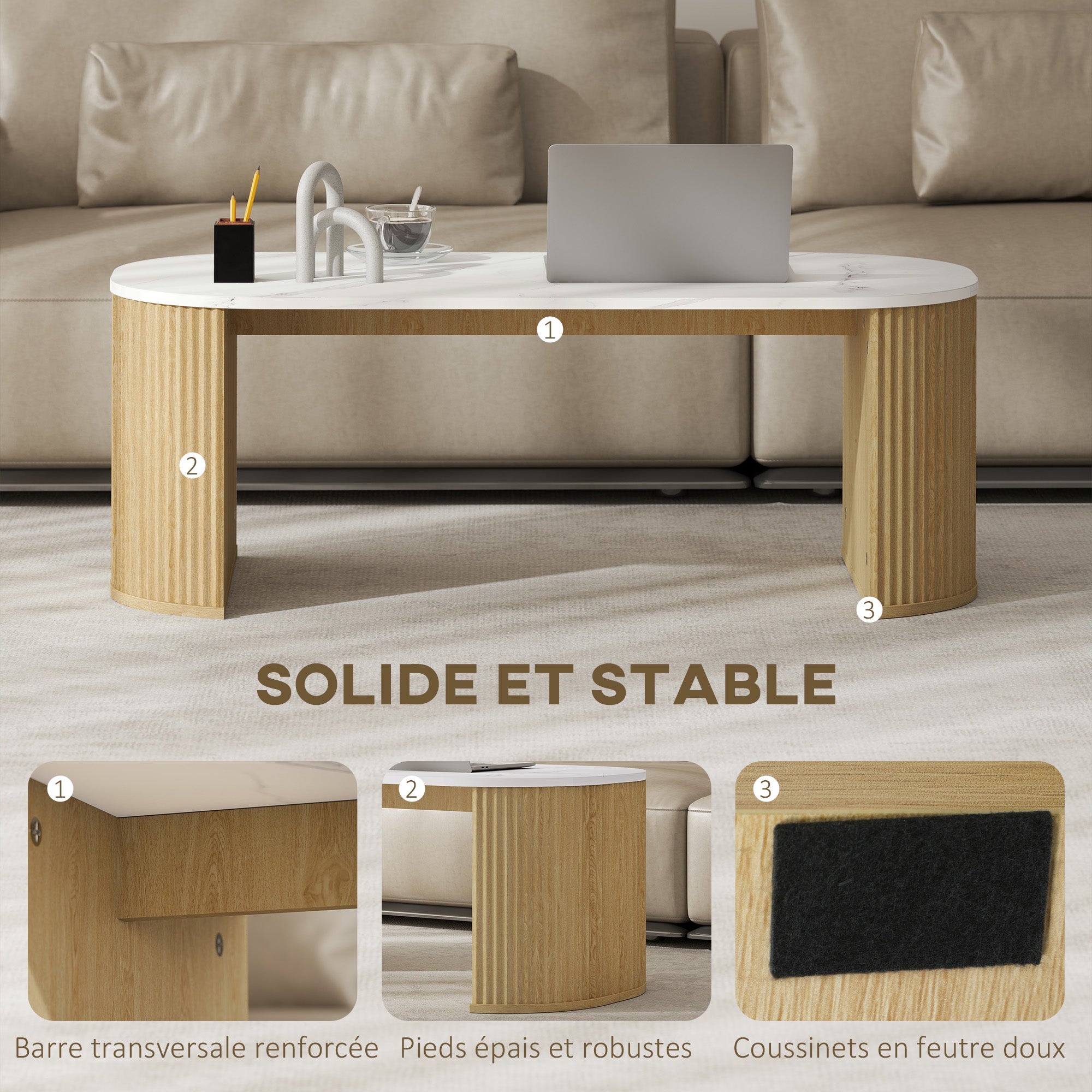 Table basse ovale, table d'appoint aspect effet marbre, avec coins arrondis et pieds épais, pour salon bureau chambre, 110 x 50 x 40 cm, blanc
