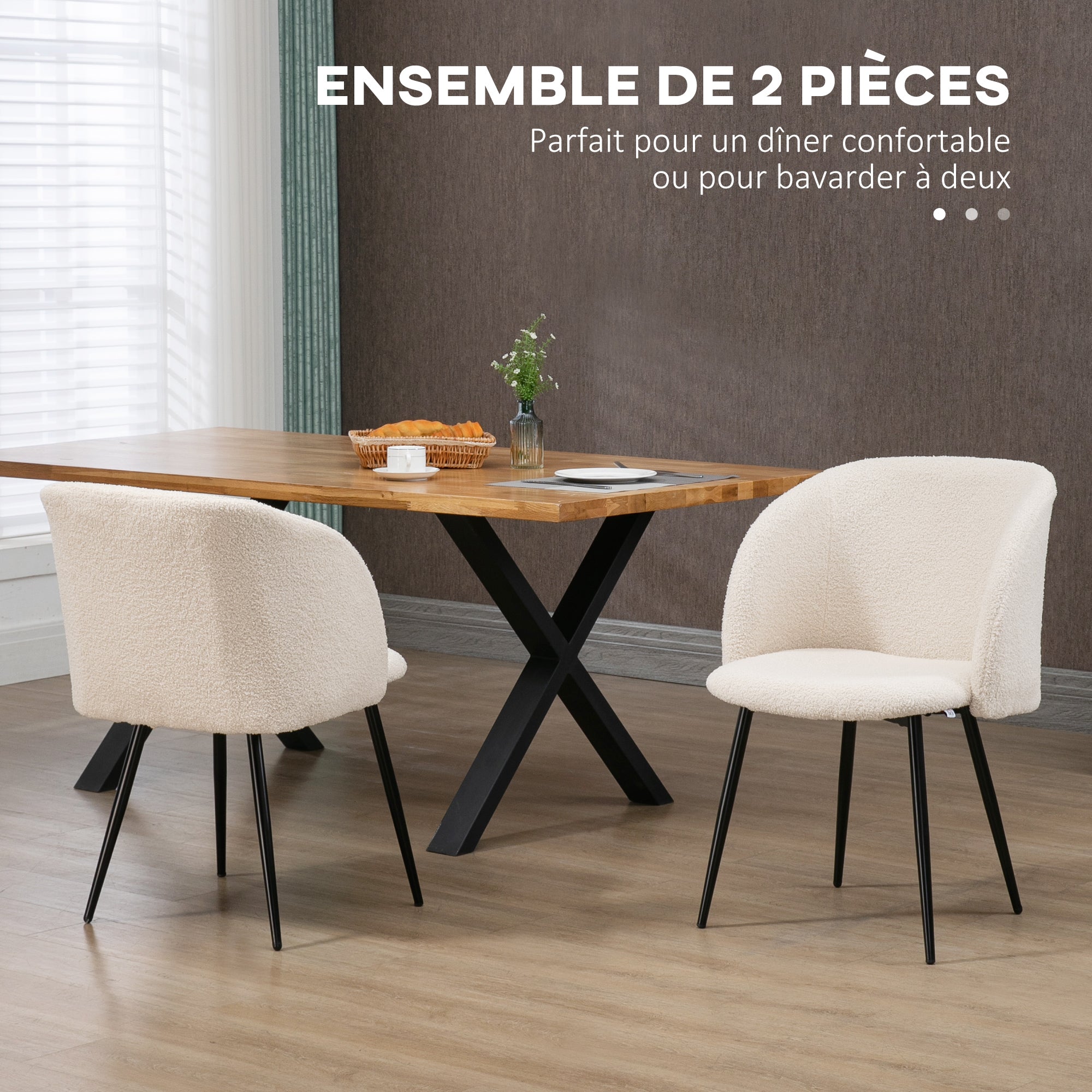 Lot de 2 chaises de salle à manger chaise de cuisine en tissu effet laine boucleé chaise de salon avec pieds en acier - 55 x 62 x 80 cm beige noir