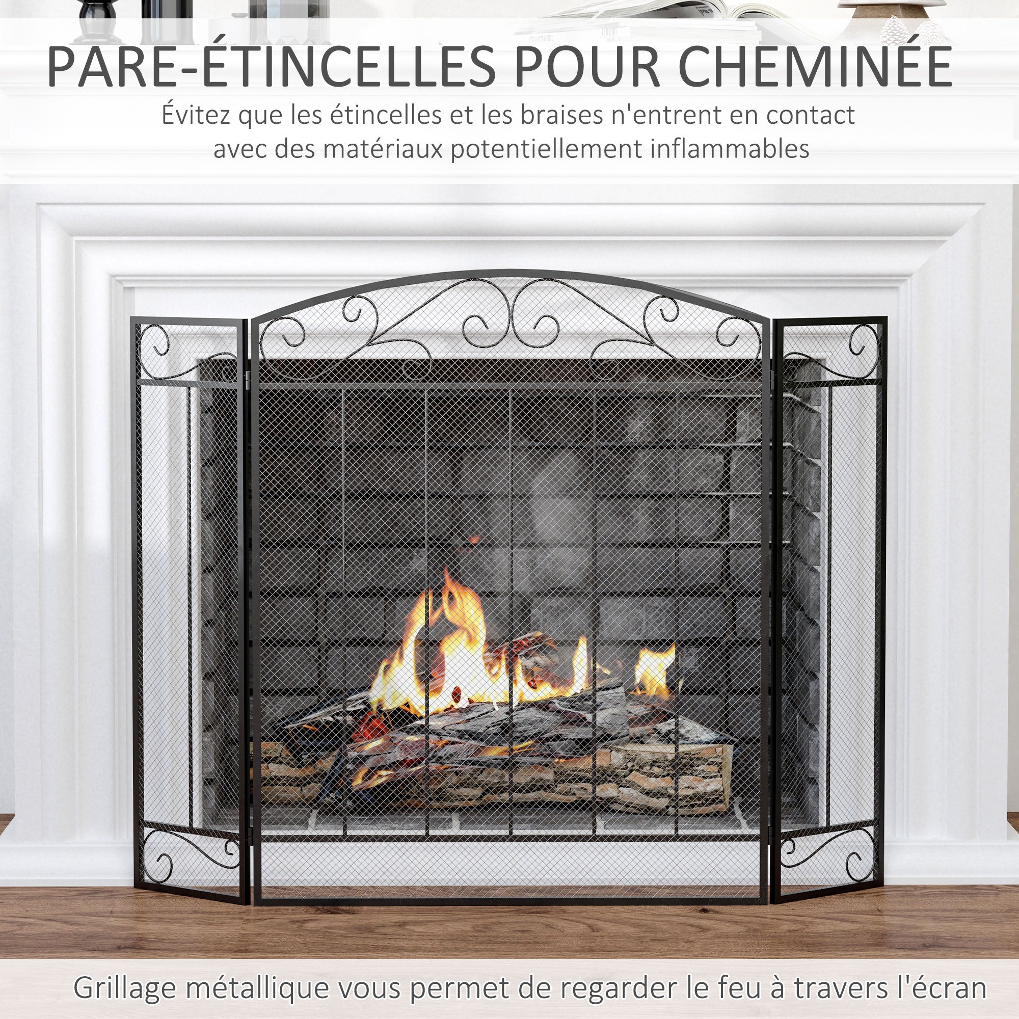 Grille de Protection pour cheminée - Pare-feu Large pour cheminée ou poêle - Pare-étincelles - barrière de sécurité - 3 Volets Pliables - Acier métal Noir