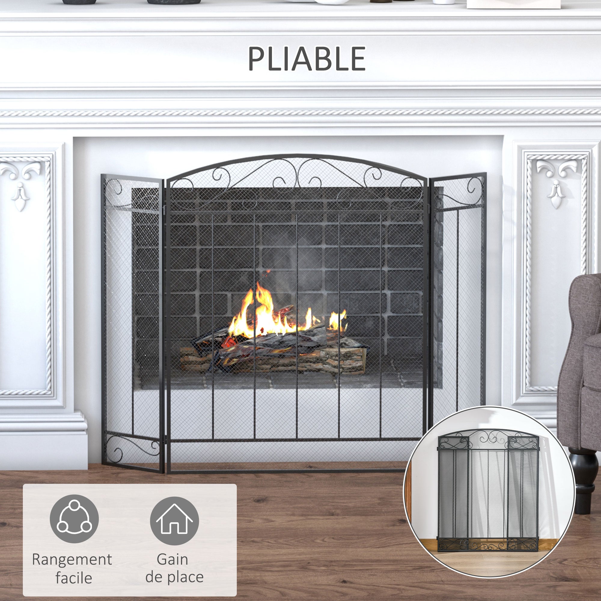Grille de Protection pour cheminée - Pare-feu Large pour cheminée ou poêle - Pare-étincelles - barrière de sécurité - 3 Volets Pliables - Acier métal Noir