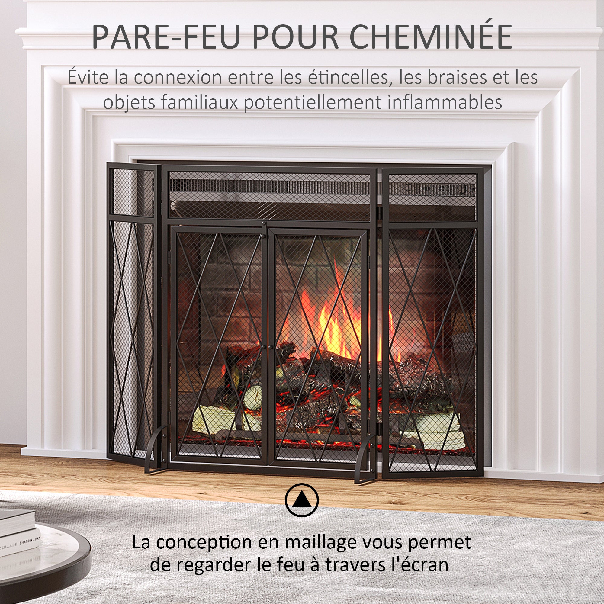 Grille de protection pour cheminée 120 x 79 cm - pare-feu pour cheminée ou poêle - pare-étincelles - barrière de sécurité - 3 volets pliables et porte - métal noir