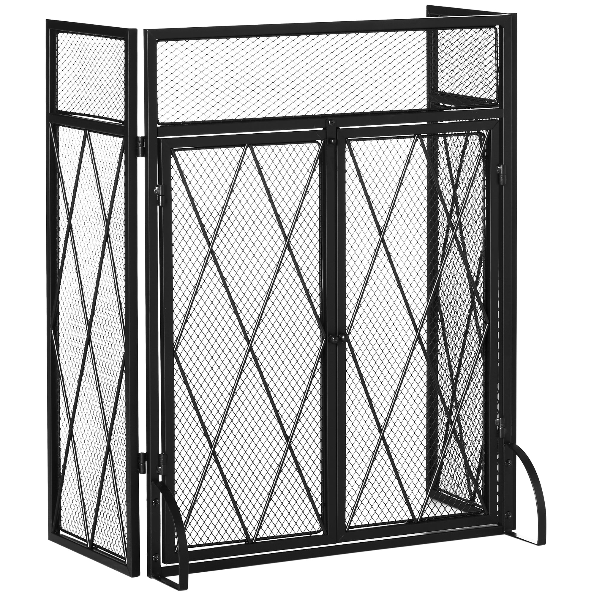 Grille de protection pour cheminée 120 x 79 cm - pare-feu pour cheminée ou poêle - pare-étincelles - barrière de sécurité - 3 volets pliables et porte - métal noir