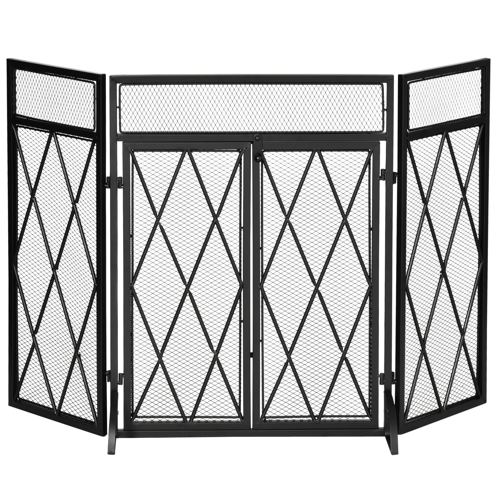 Grille de protection pour cheminée 120 x 79 cm - pare-feu pour cheminée ou poêle - pare-étincelles - barrière de sécurité - 3 volets pliables et porte - métal noir
