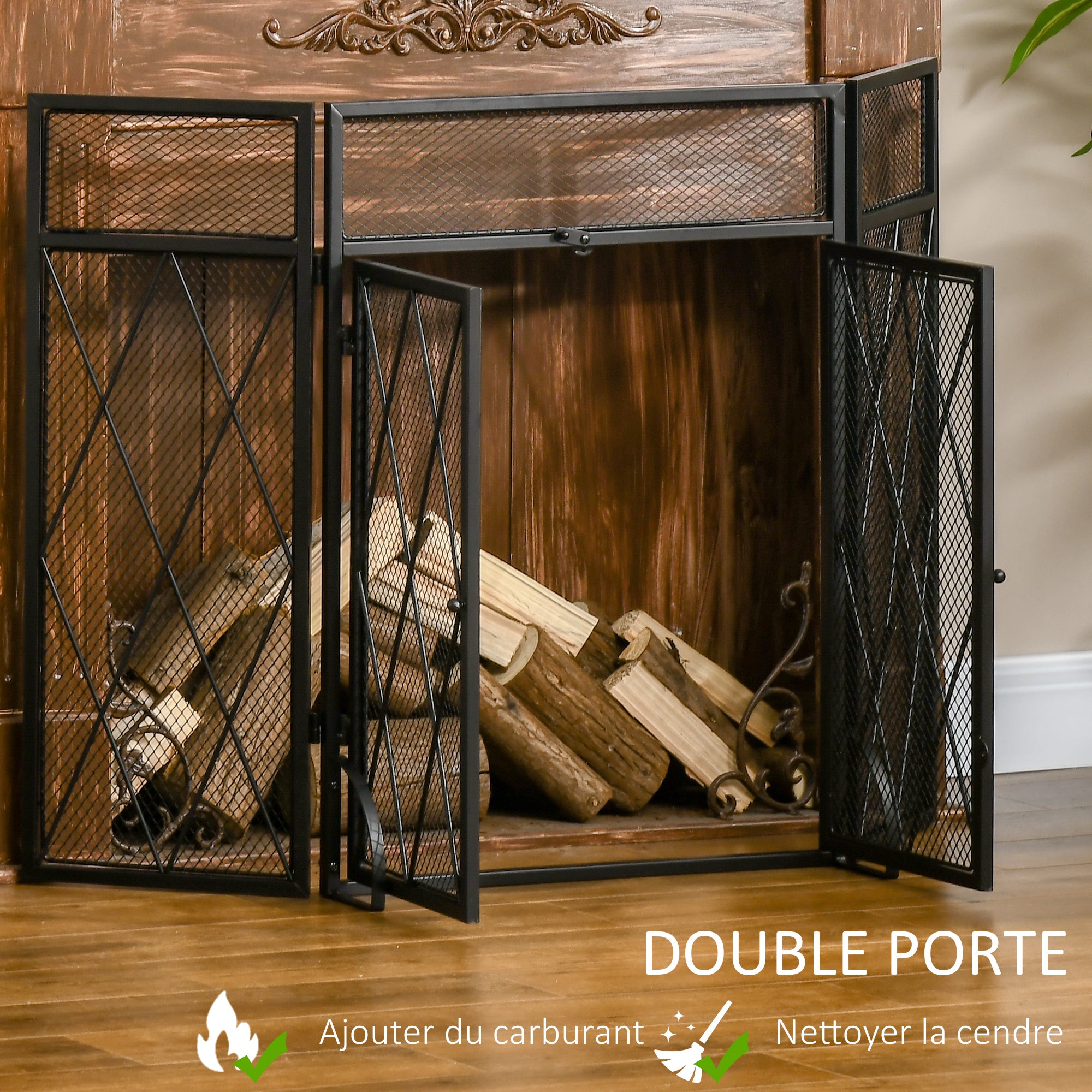 Grille de protection pour cheminée 120 x 79 cm - pare-feu pour cheminée ou poêle - pare-étincelles - barrière de sécurité - 3 volets pliables et porte - métal noir