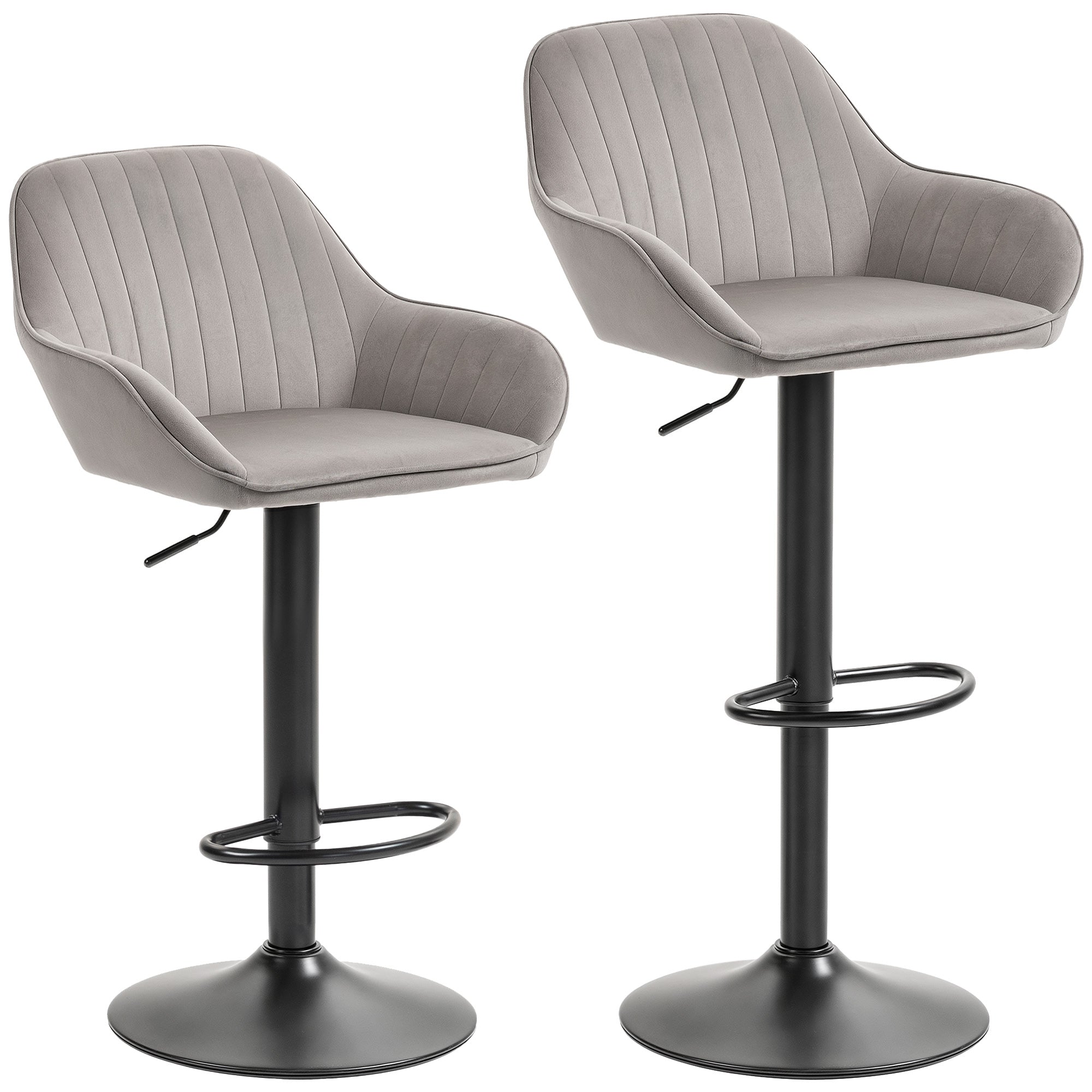Lot de 2 tabourets de bar, chaises de bar en velours contemporain avec dossier et repose-pieds, chaise haute cuisine réglable en hauteur et pivotante à 360°, pour cuisine, comptoir, gris