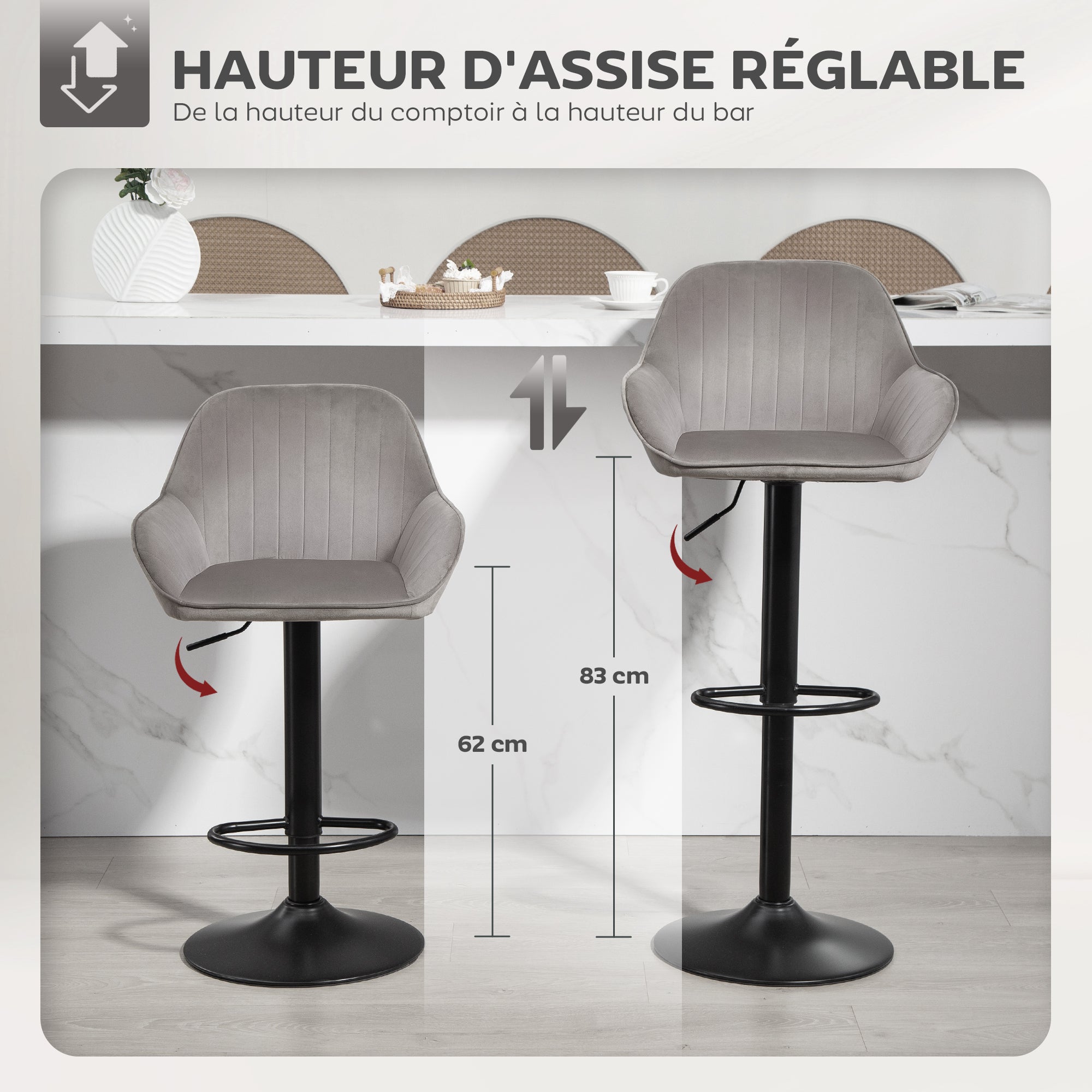 Lot de 2 tabourets de bar, chaises de bar en velours contemporain avec dossier et repose-pieds, chaise haute cuisine réglable en hauteur et pivotante à 360°, pour cuisine, comptoir, gris