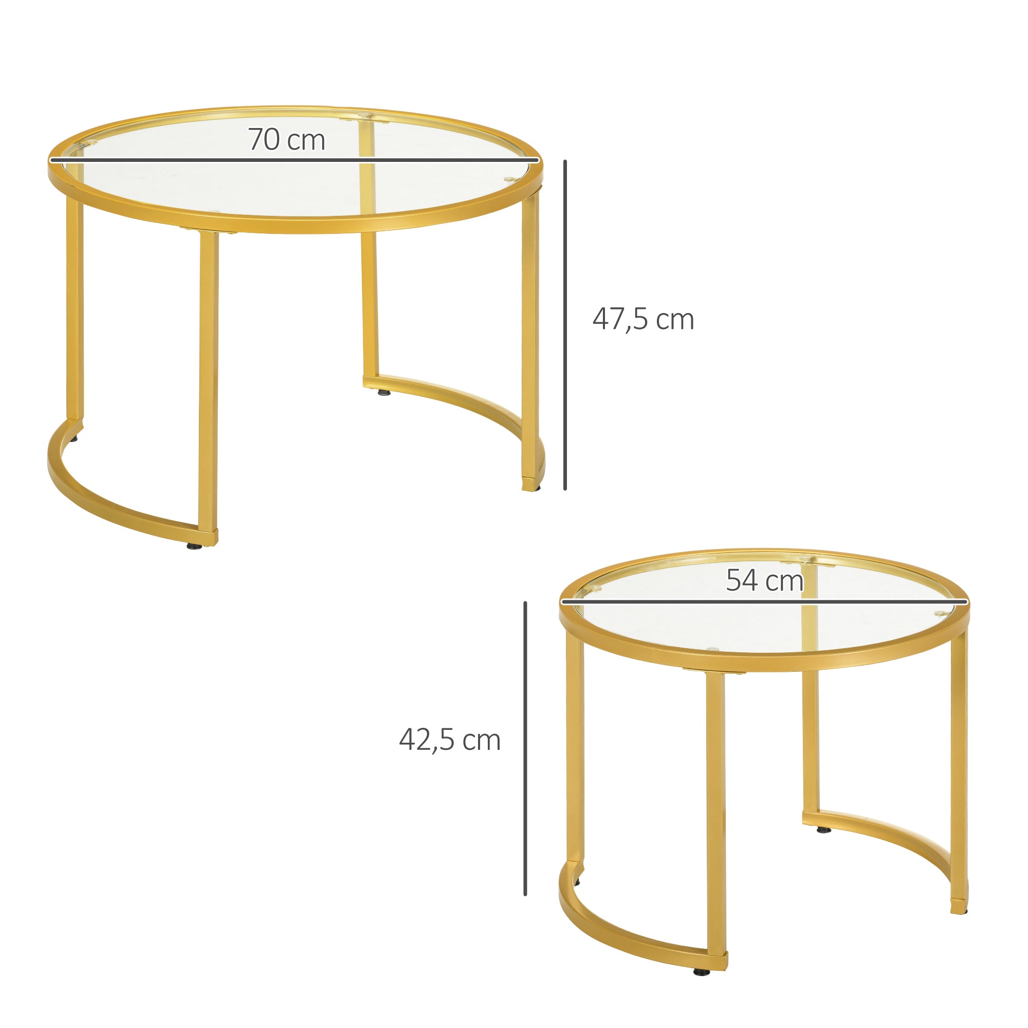 Lot de 2 tables basses gigognes rondes 70/54 cm plateau verre trempé et pied en acier au carbone design moderne doré
