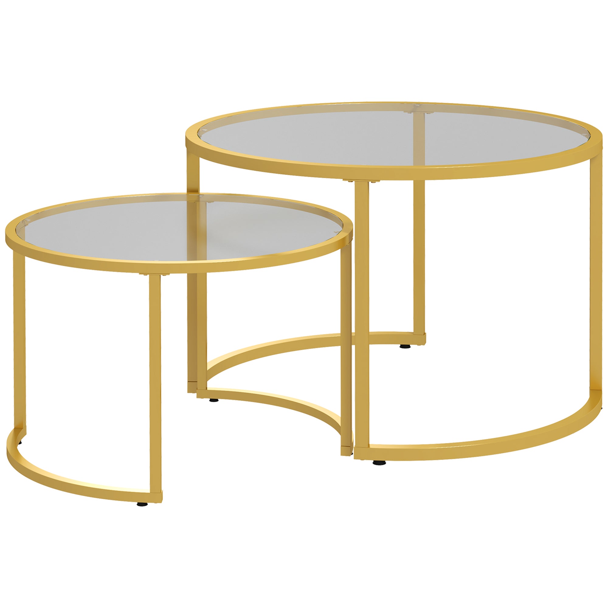 Lot de 2 tables basses gigognes rondes 70/54 cm plateau verre trempé et pied en acier au carbone design moderne doré