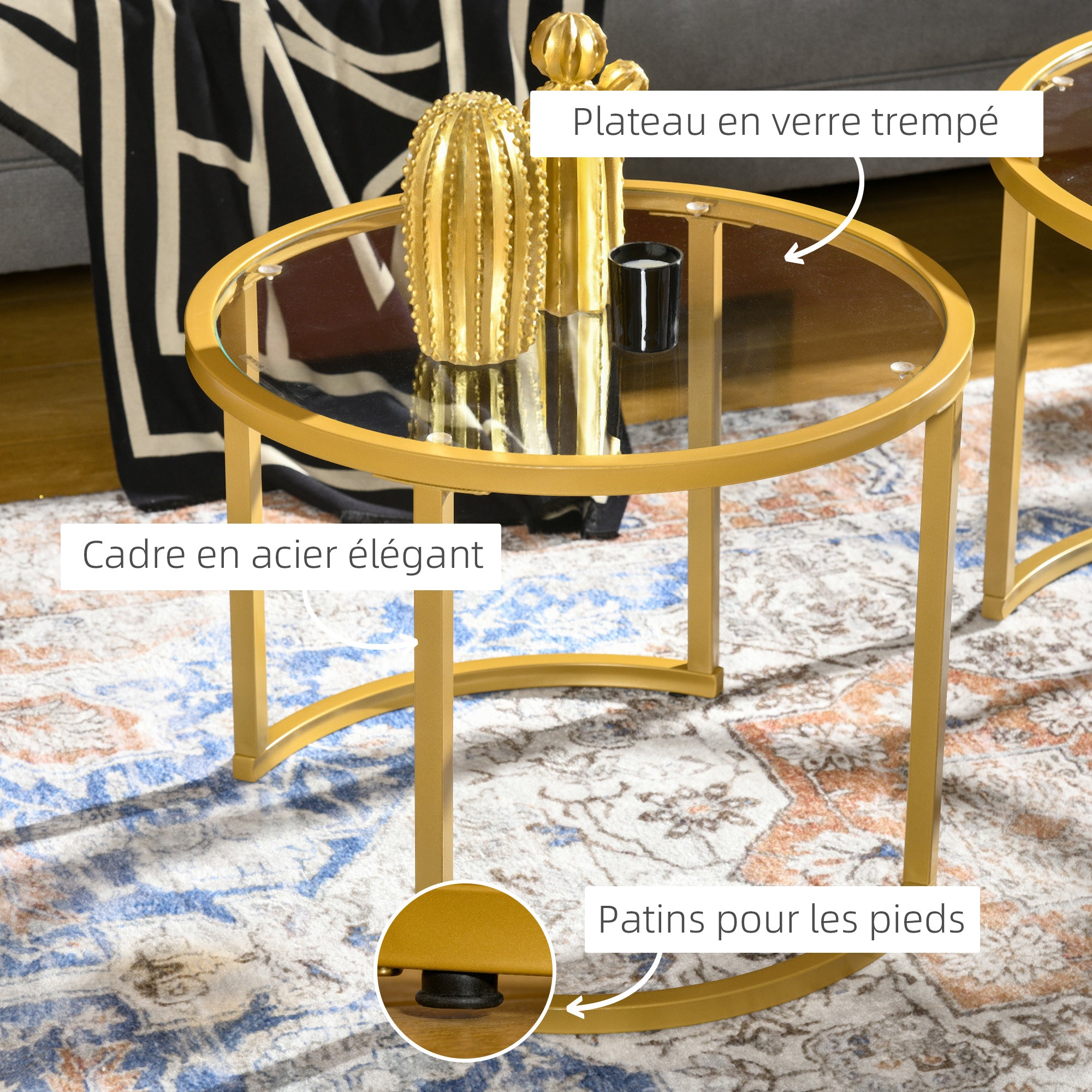 Lot de 2 tables basses gigognes rondes 70/54 cm plateau verre trempé et pied en acier au carbone design moderne doré