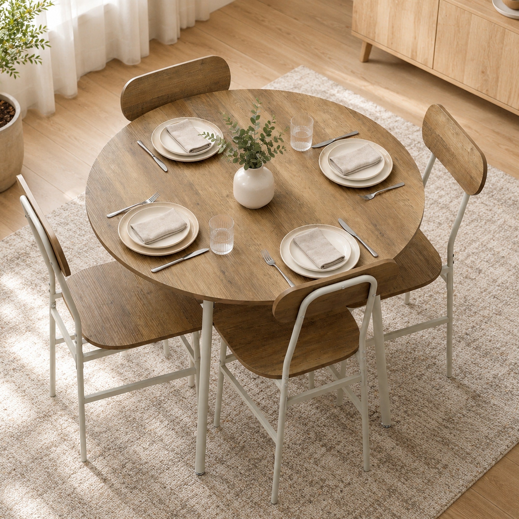 Ensemble table salle à manger avec 4 chaises, table de cuisine avec chaises pour 4 personnes, plateau rond Ø 100 cm, cadre en métal, style industriel, pour salon, petit espace, bois naturel