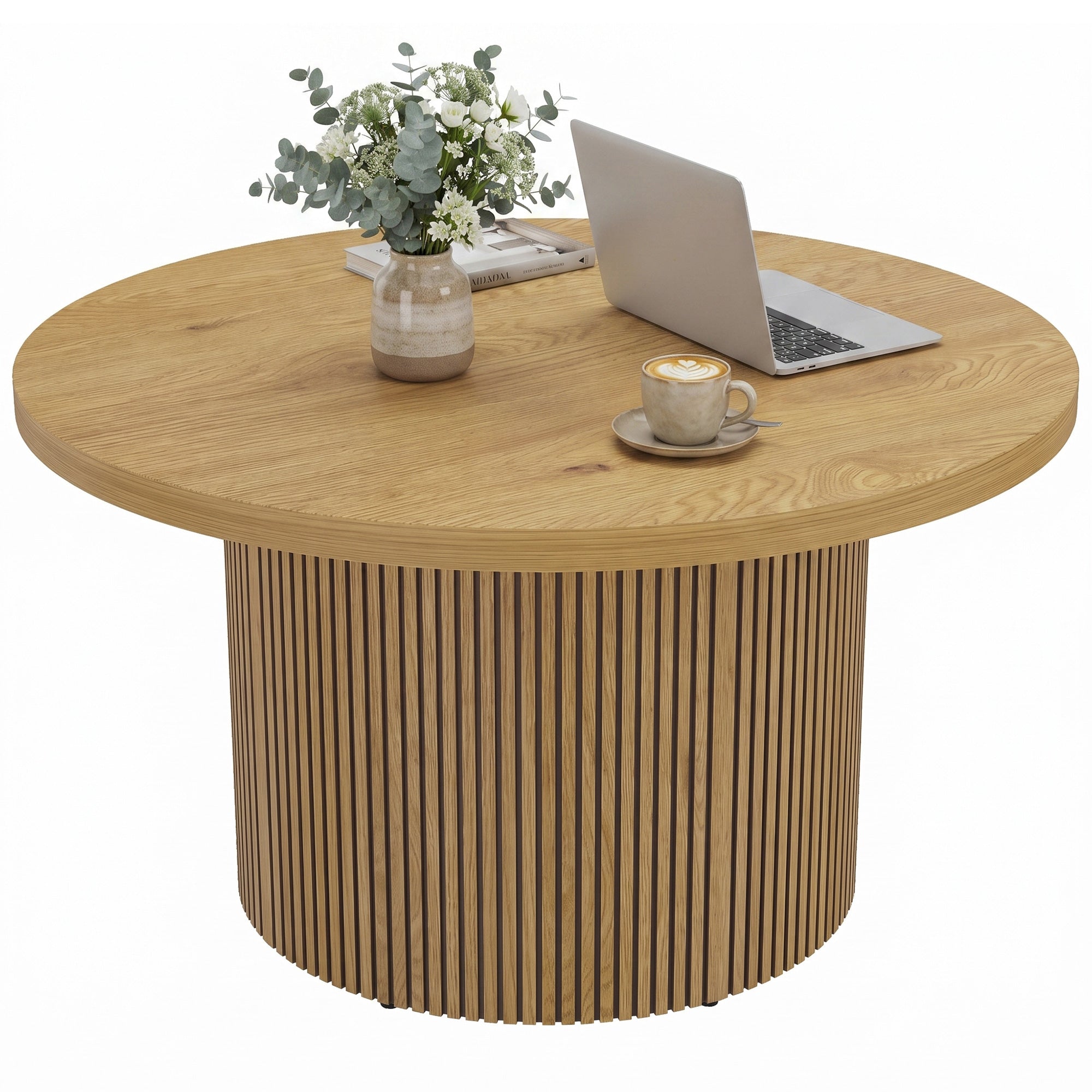 Table basse ronde en bois, table de salon avec piètement cannelé, style moderne, pour chambre, séjour et bureau, 80 x 80 x 45 cm, effet bois naturel