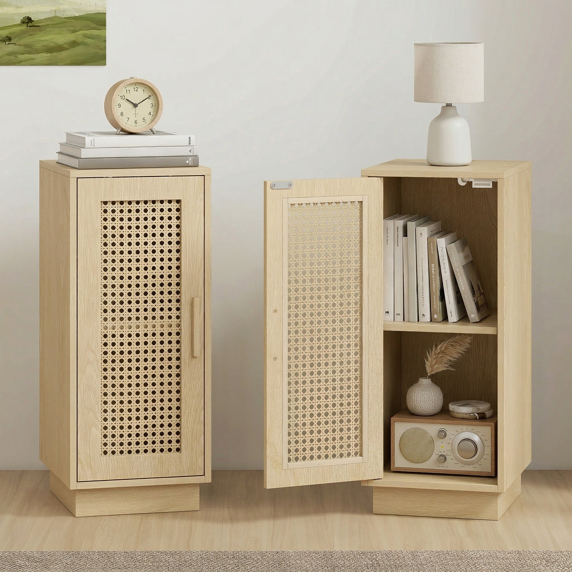 Lot de 2 Tables de Chevet, Tables de Nuit avec Étagère Réglable et Porte en Résine Tressée, Style Bohème, pour Chambre à Coucher, Salon, Bois Naturel