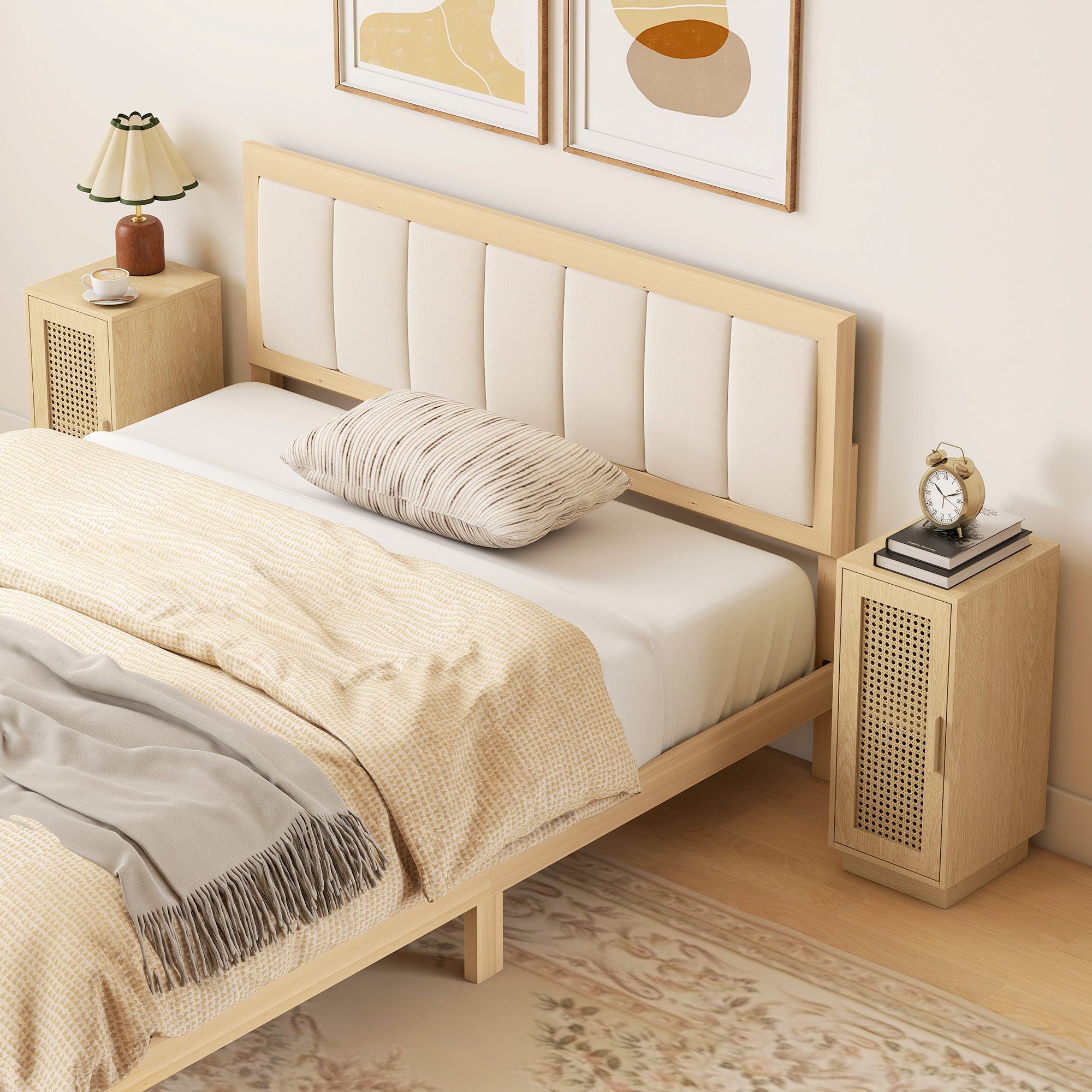 Lot de 2 Tables de Chevet, Tables de Nuit avec Étagère Réglable et Porte en Résine Tressée, Style Bohème, pour Chambre à Coucher, Salon, Bois Naturel