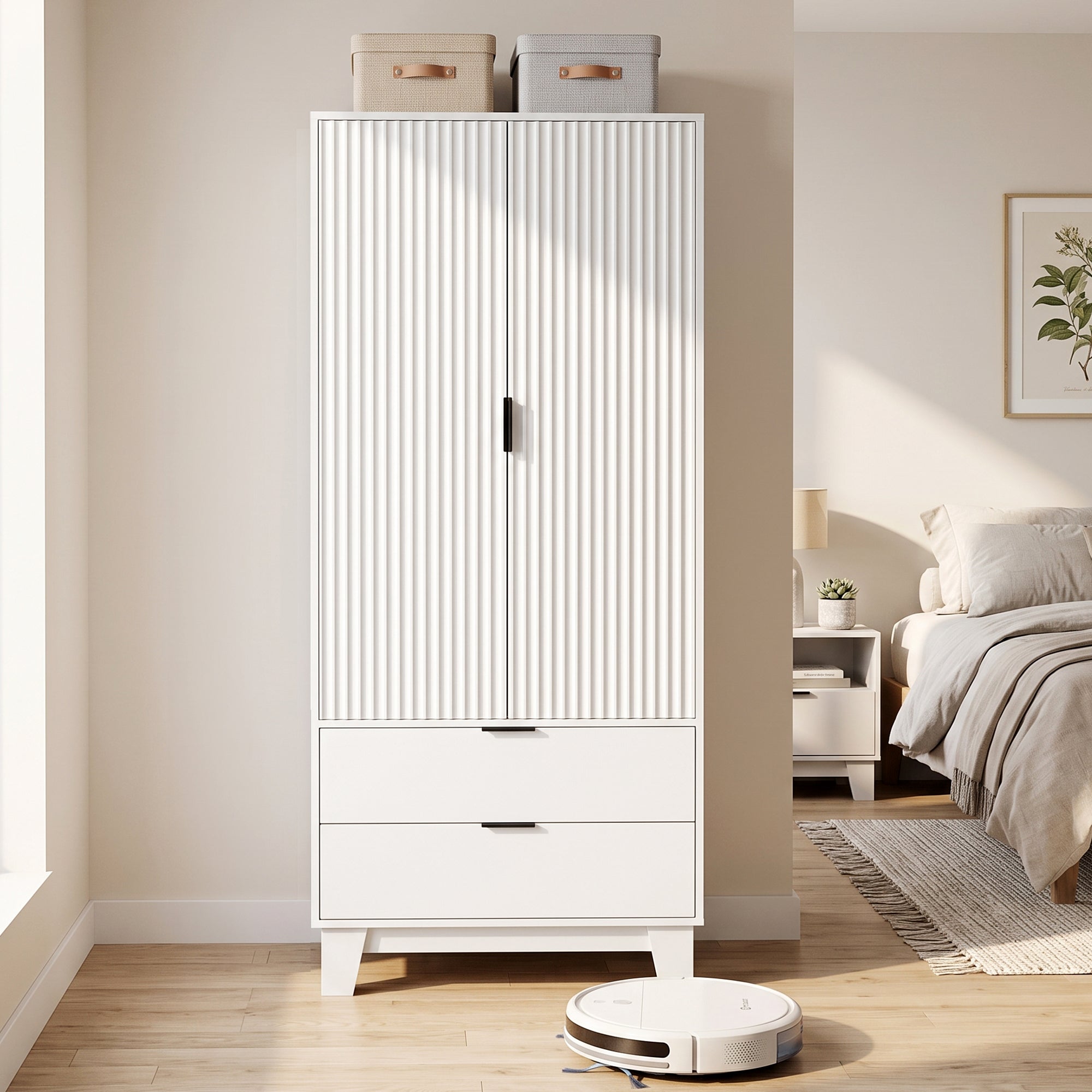 Armoire chambre penderie avec 2 portes cannelées à fermeture douce, 2 tiroirs et barre de suspension, armoire à vêtements, dressing, style moderne, 80 x 50 x 180 cm, blanc