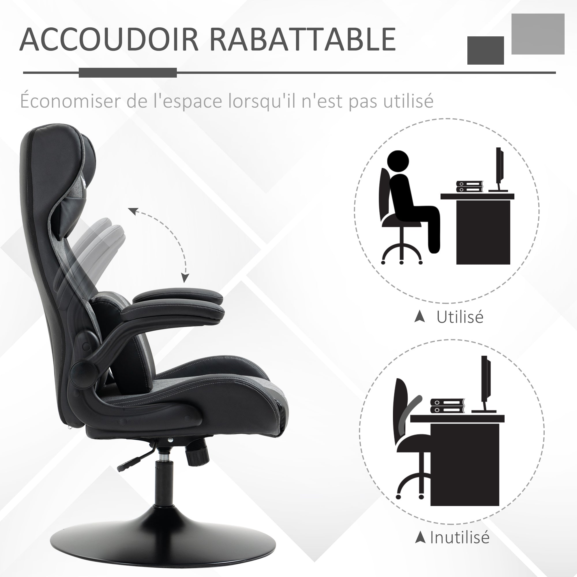 Chaise de gaming ergonomique avec base ronde hauteur réglable accoudoir relevable coussins tétière et lombaires PU gris noir
