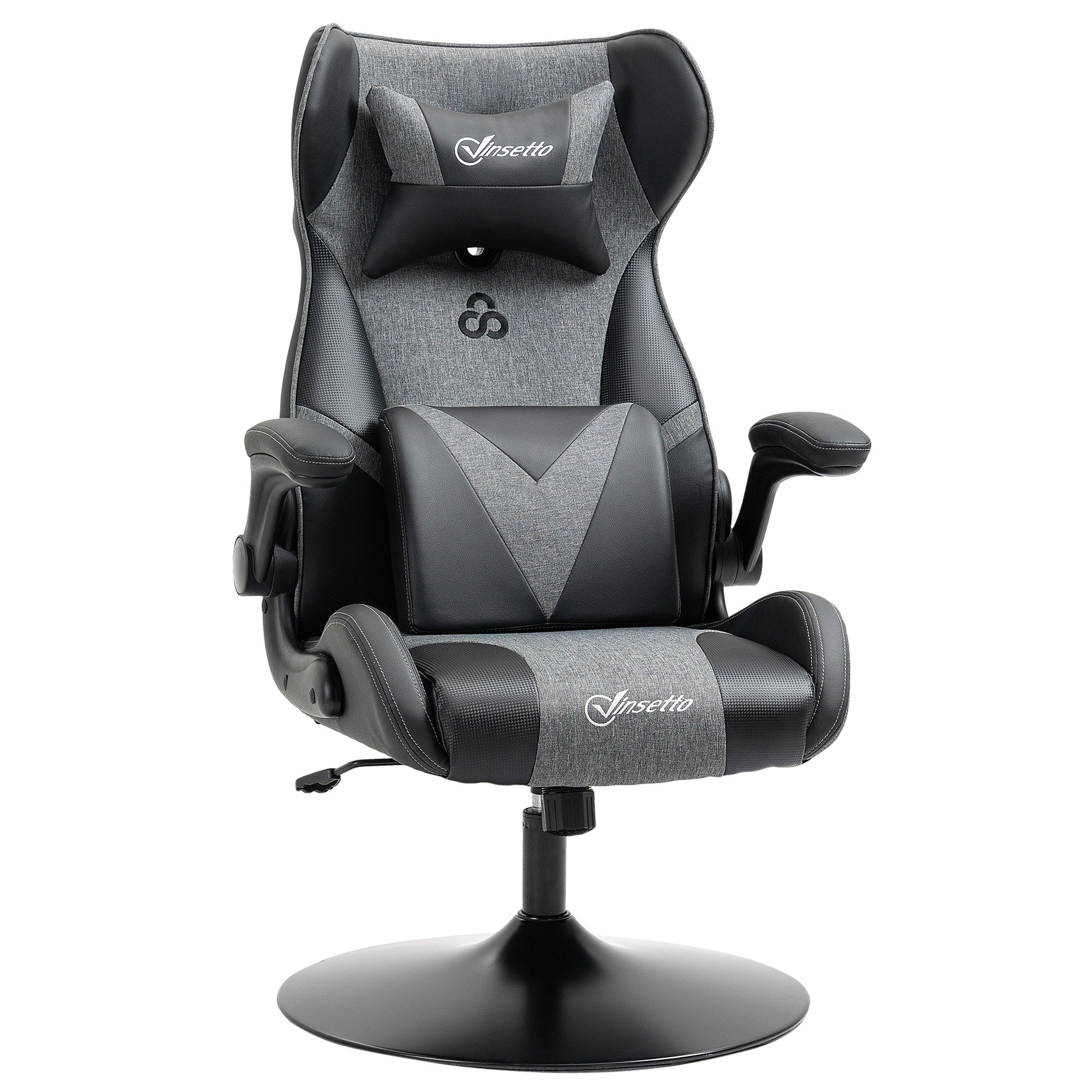 Chaise de gaming ergonomique avec base ronde hauteur réglable accoudoir relevable coussins tétière et lombaires PU gris noir