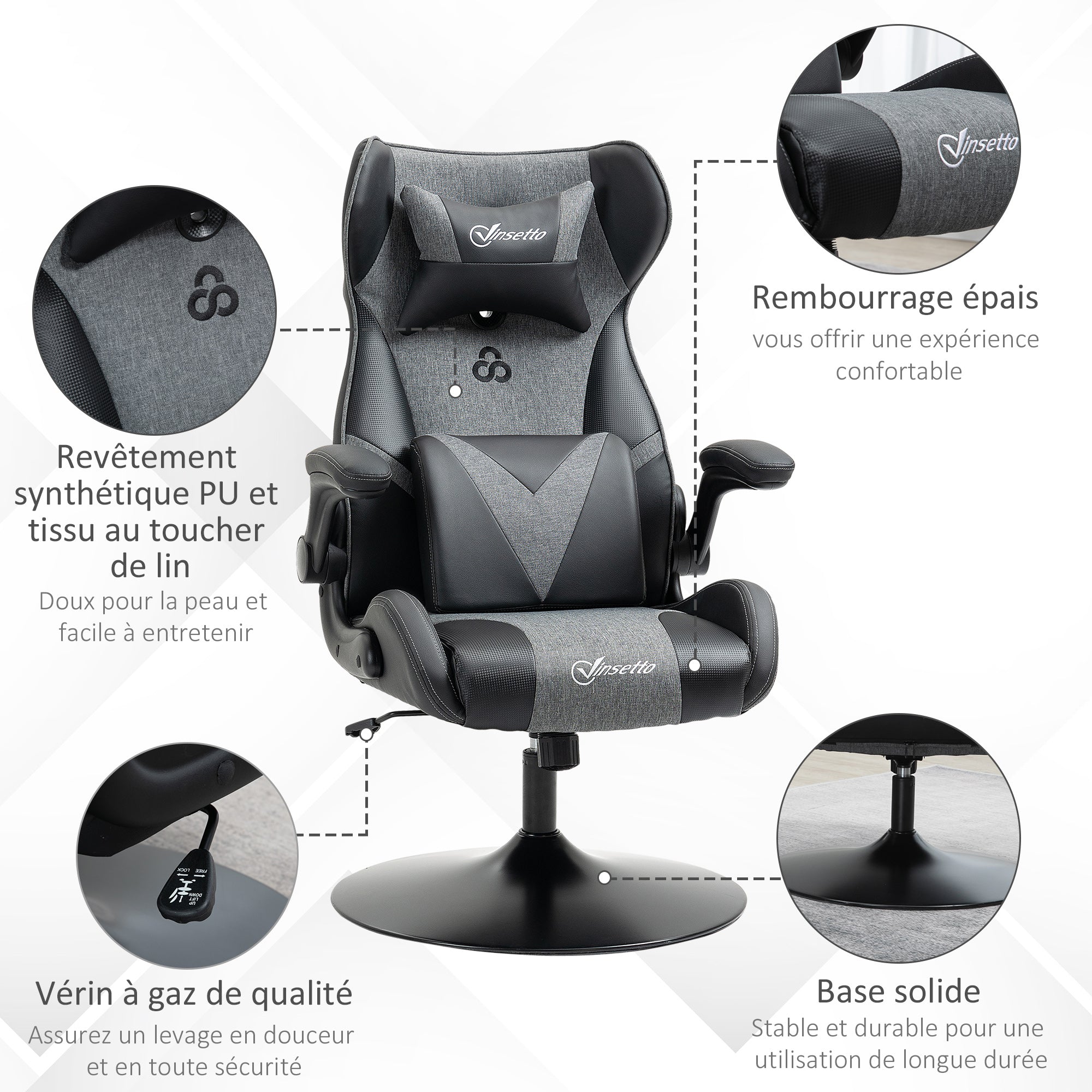 Chaise de gaming ergonomique avec base ronde hauteur réglable accoudoir relevable coussins tétière et lombaires PU gris noir
