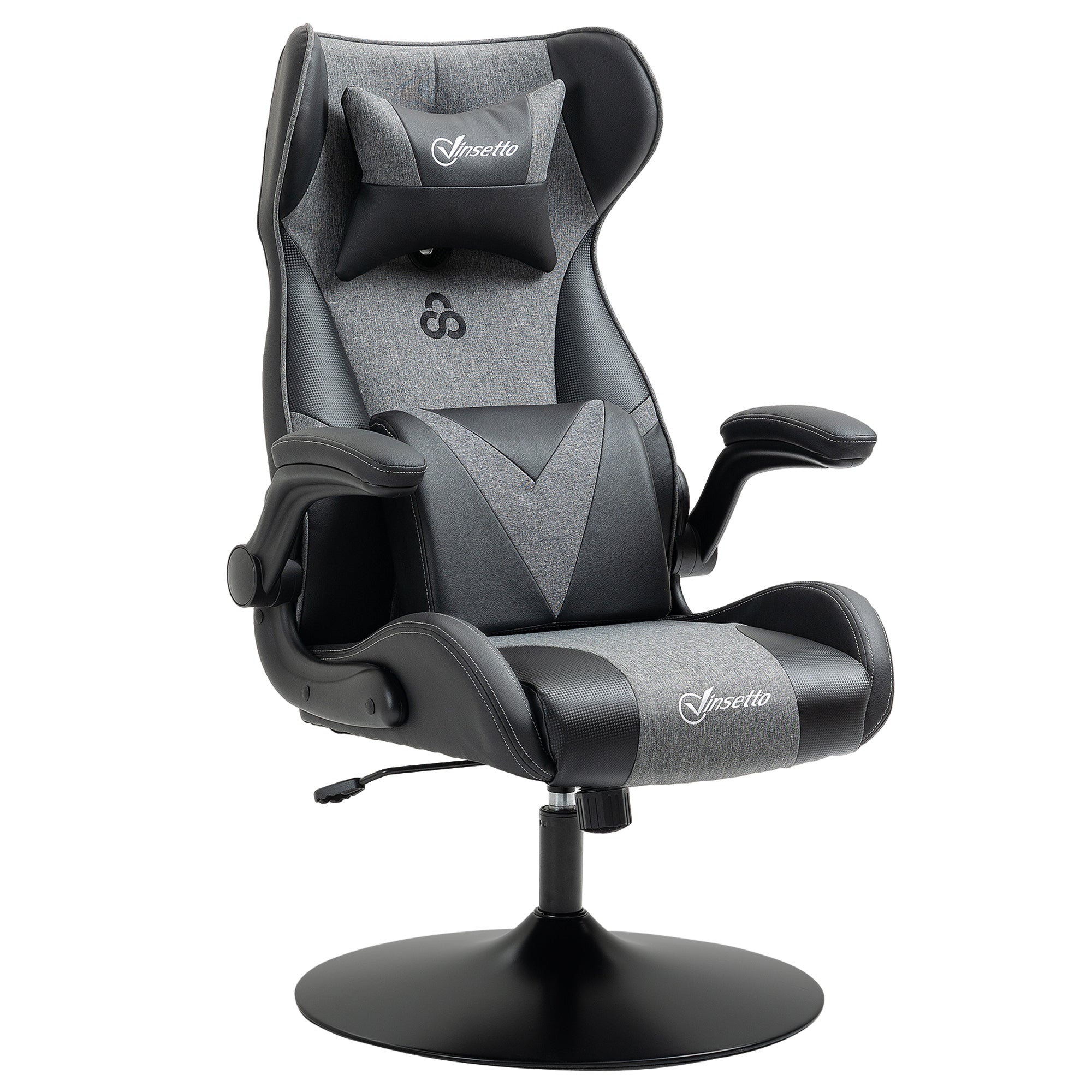 Chaise de gaming ergonomique avec base ronde hauteur réglable accoudoir relevable coussins tétière et lombaires PU gris noir