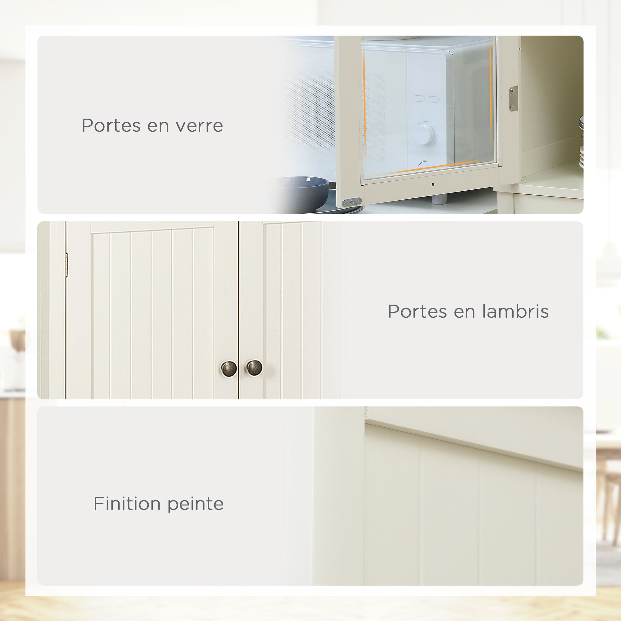 Buffet meuble cuisine rangement armoire de cuisine 4 portes dont 2 portes vitrées et 1 tiroir hauteur 182,5 cm avec étagères réglables - beige