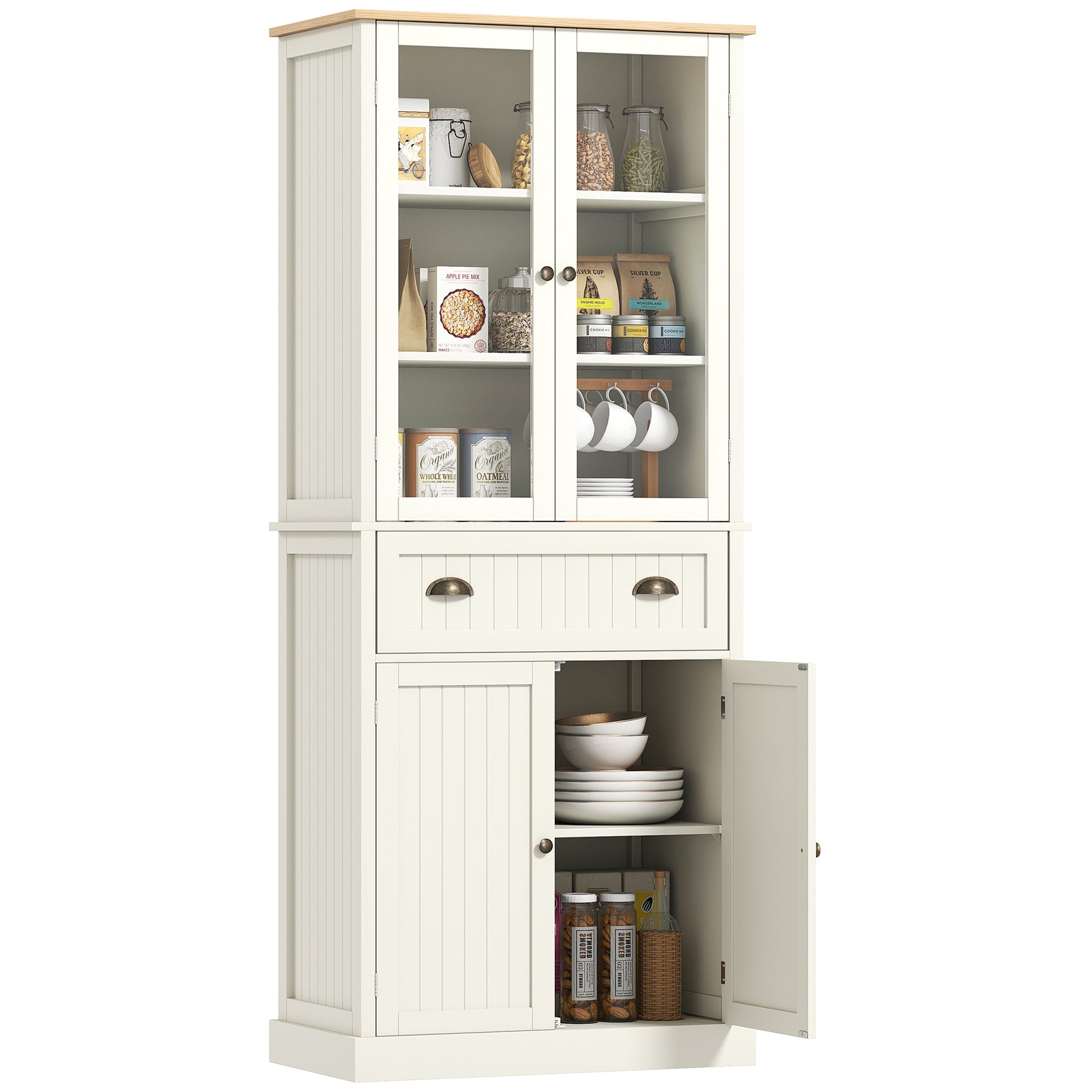 Buffet meuble cuisine rangement armoire de cuisine 4 portes dont 2 portes vitrées et 1 tiroir hauteur 182,5 cm avec étagères réglables - beige