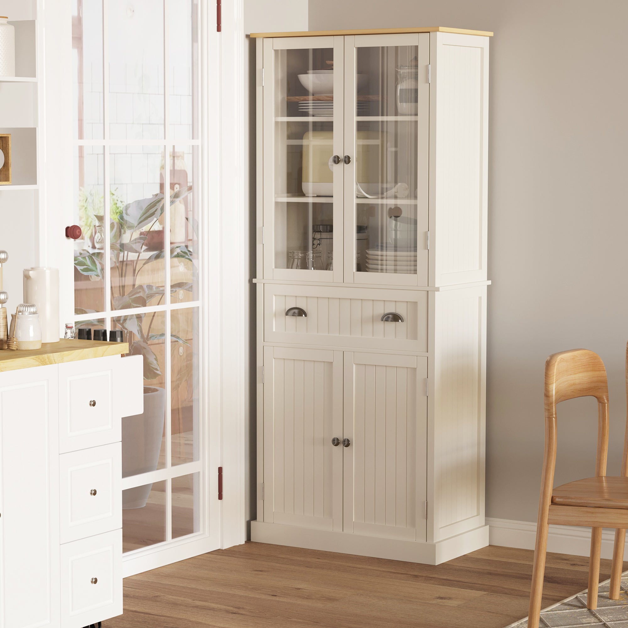 Buffet meuble cuisine rangement armoire de cuisine 4 portes dont 2 portes vitrées et 1 tiroir hauteur 182,5 cm avec étagères réglables - beige