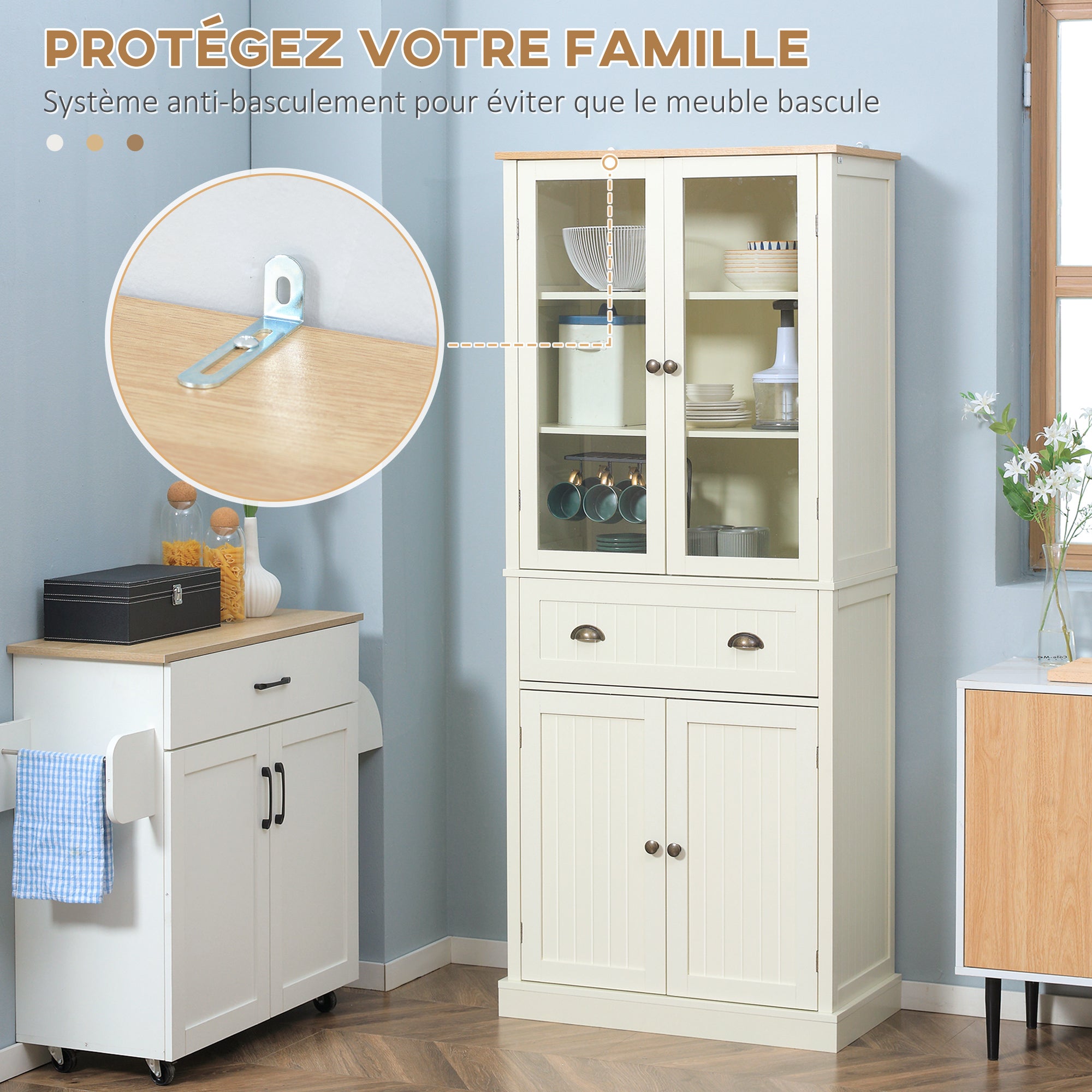 Buffet meuble cuisine rangement armoire de cuisine 4 portes dont 2 portes vitrées et 1 tiroir hauteur 182,5 cm avec étagères réglables - beige