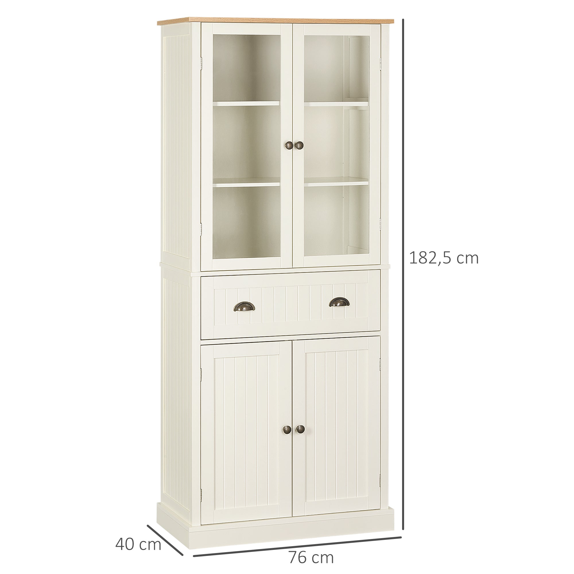Buffet meuble cuisine rangement armoire de cuisine 4 portes dont 2 portes vitrées et 1 tiroir hauteur 182,5 cm avec étagères réglables - beige