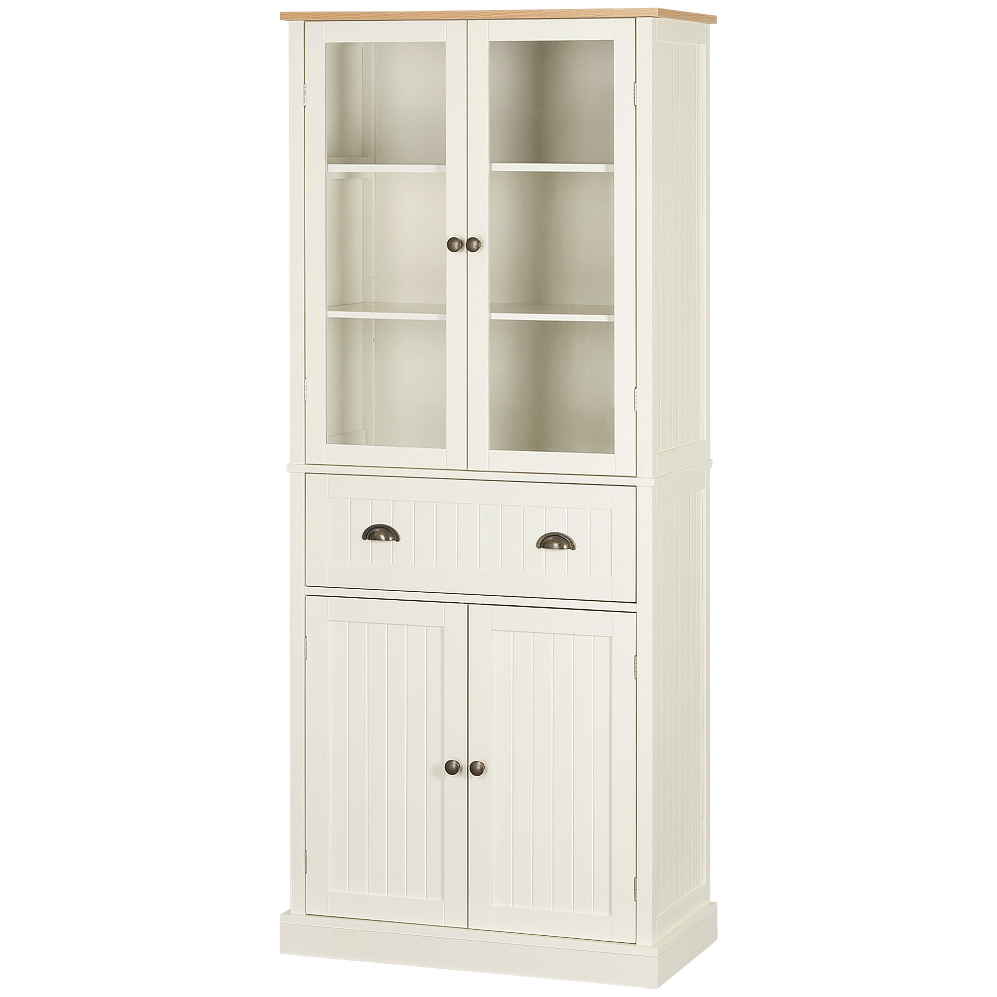 Buffet meuble cuisine rangement armoire de cuisine 4 portes dont 2 portes vitrées et 1 tiroir hauteur 182,5 cm avec étagères réglables - beige