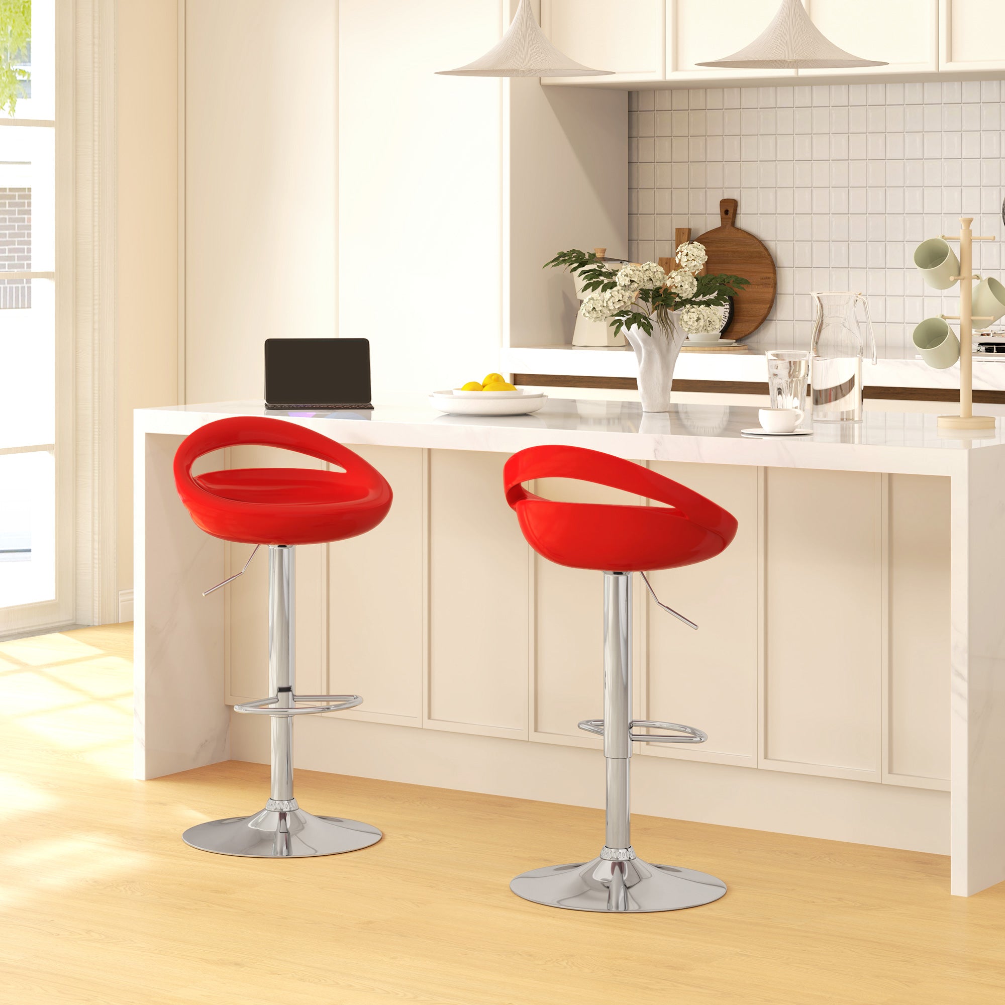 Lot de 2 tabourets de bar, chaises de bar réglable en hauteur, chaise haute cuisine avec dossier, repose-pieds, pivotant 360°, ABS et métal, pour salle à manger, comptoir, 46x41x76-96cm, rouge