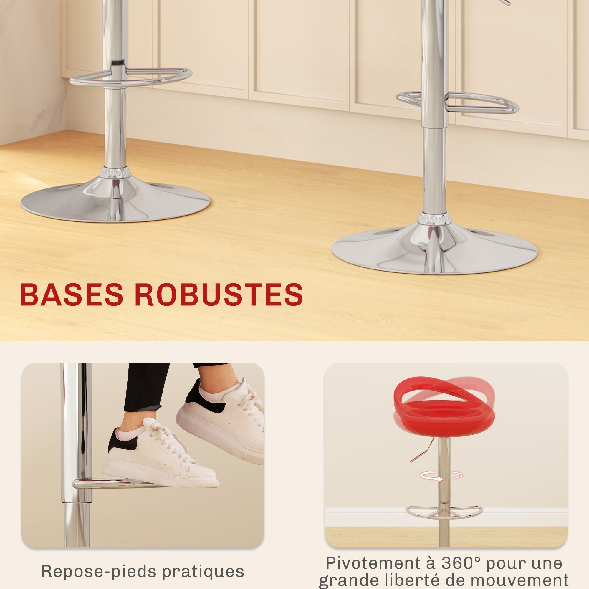 Lot de 2 tabourets de bar, chaises de bar réglable en hauteur, chaise haute cuisine avec dossier, repose-pieds, pivotant 360°, ABS et métal, pour salle à manger, comptoir, 46x41x76-96cm, rouge
