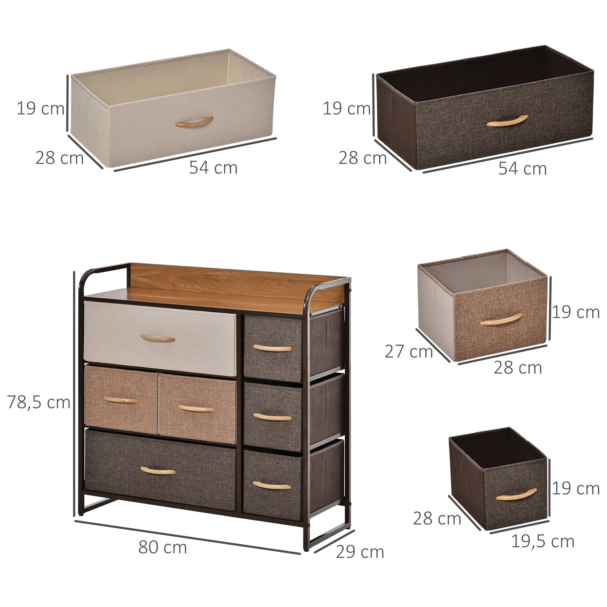 Commode 7 tiroirs meuble de rangement tiroir en tissu pliant - structure acier noir - 80L x 29l x 78,5H cm, chambre, entrée, salon, multicolore