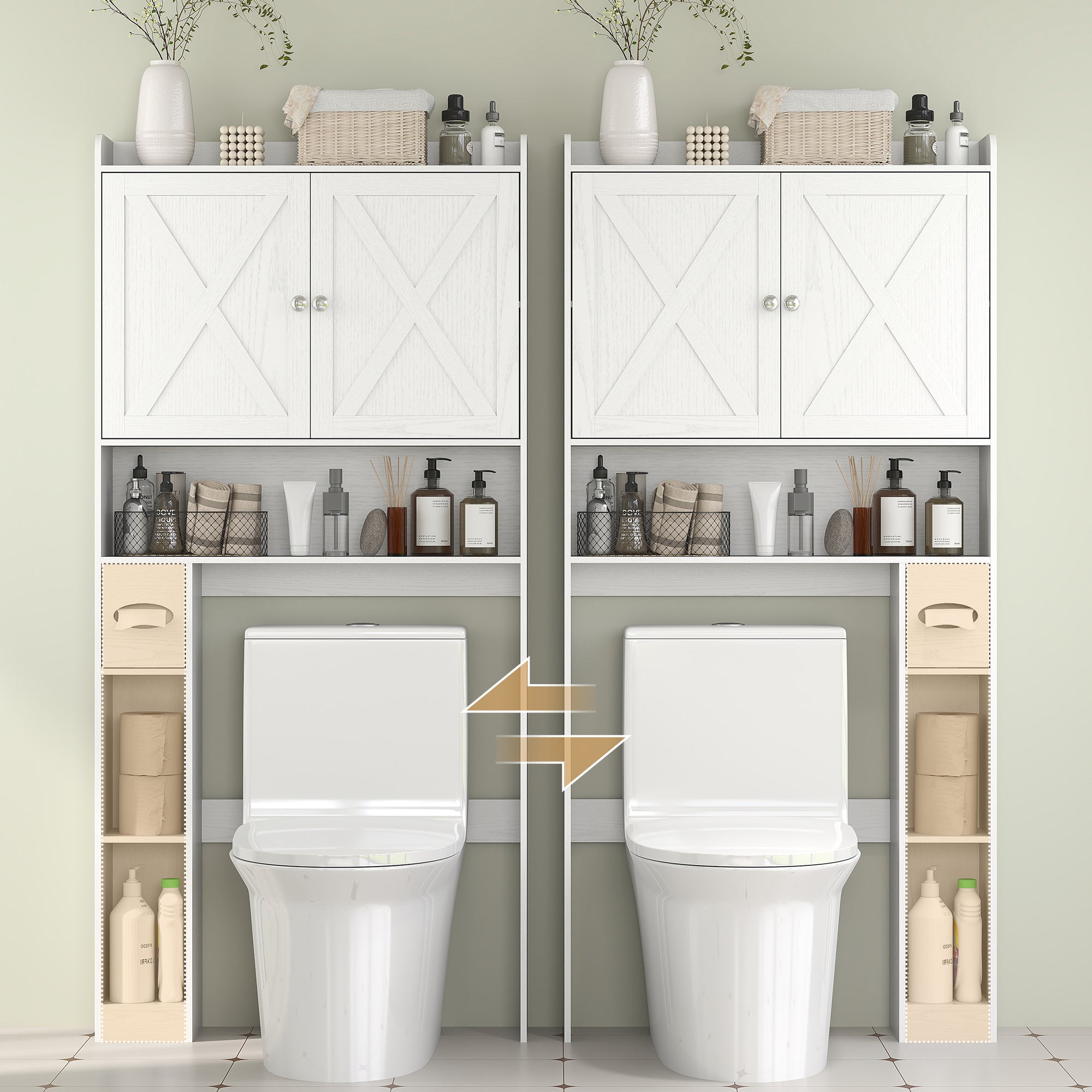 Meuble WC dessus de toilette meuble toilettes WC rangement meuble salle de bain avec placard à porte de grange, étagère réglable, compartiments ouverts et porte-papier, 81,5x19,6x172cm, blanc