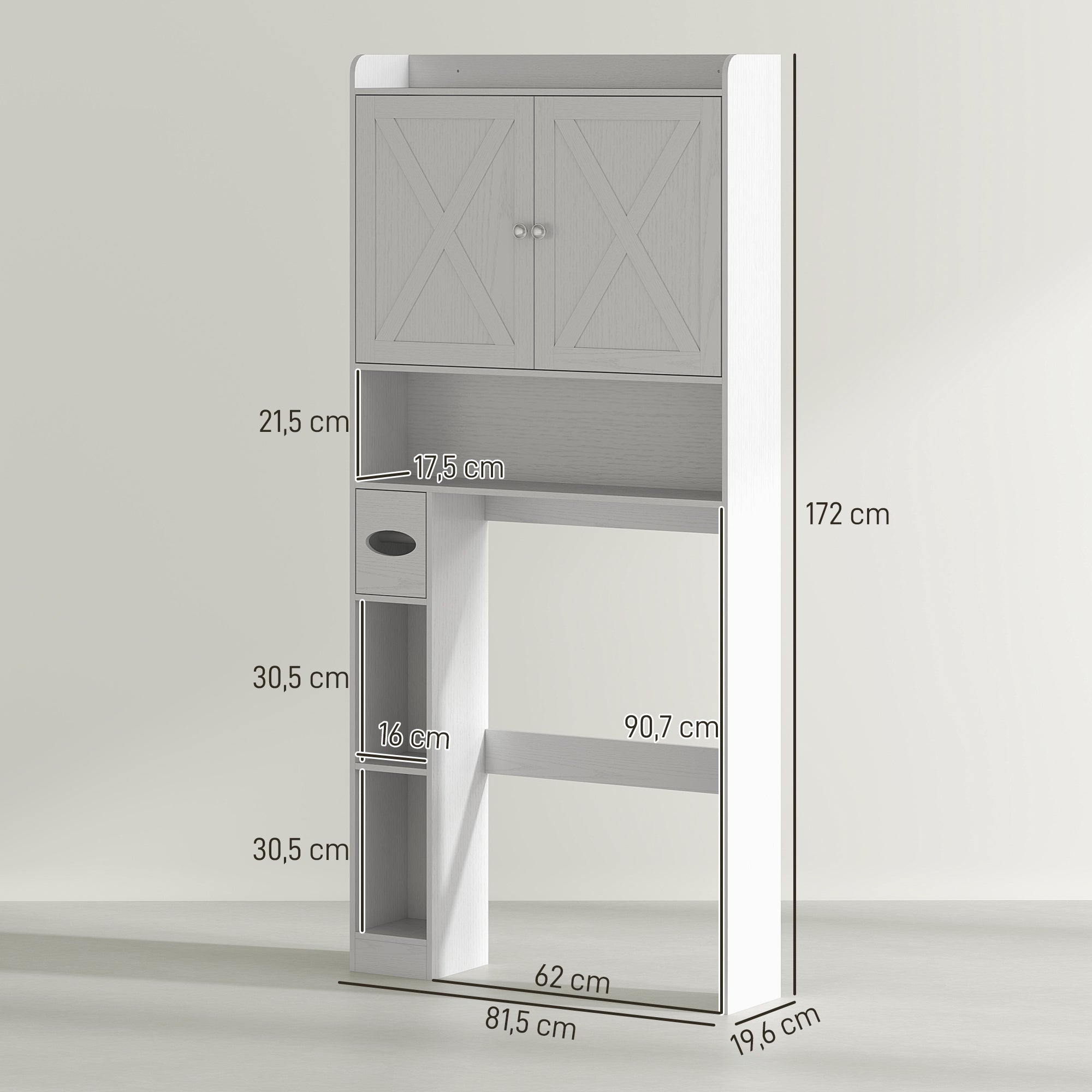 Meuble WC dessus de toilette meuble toilettes WC rangement meuble salle de bain avec placard à porte de grange, étagère réglable, compartiments ouverts et porte-papier, 81,5x19,6x172cm, blanc