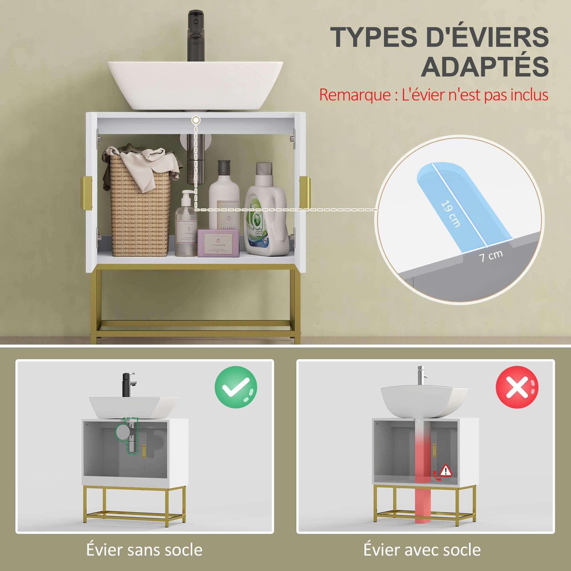 Meuble Salle de Bain sous lavabo - Meuble sous-Vasque pour salle de bain - Placard 2 Portes avec étagères - dim. 60L x 30l x 65H cm blanc