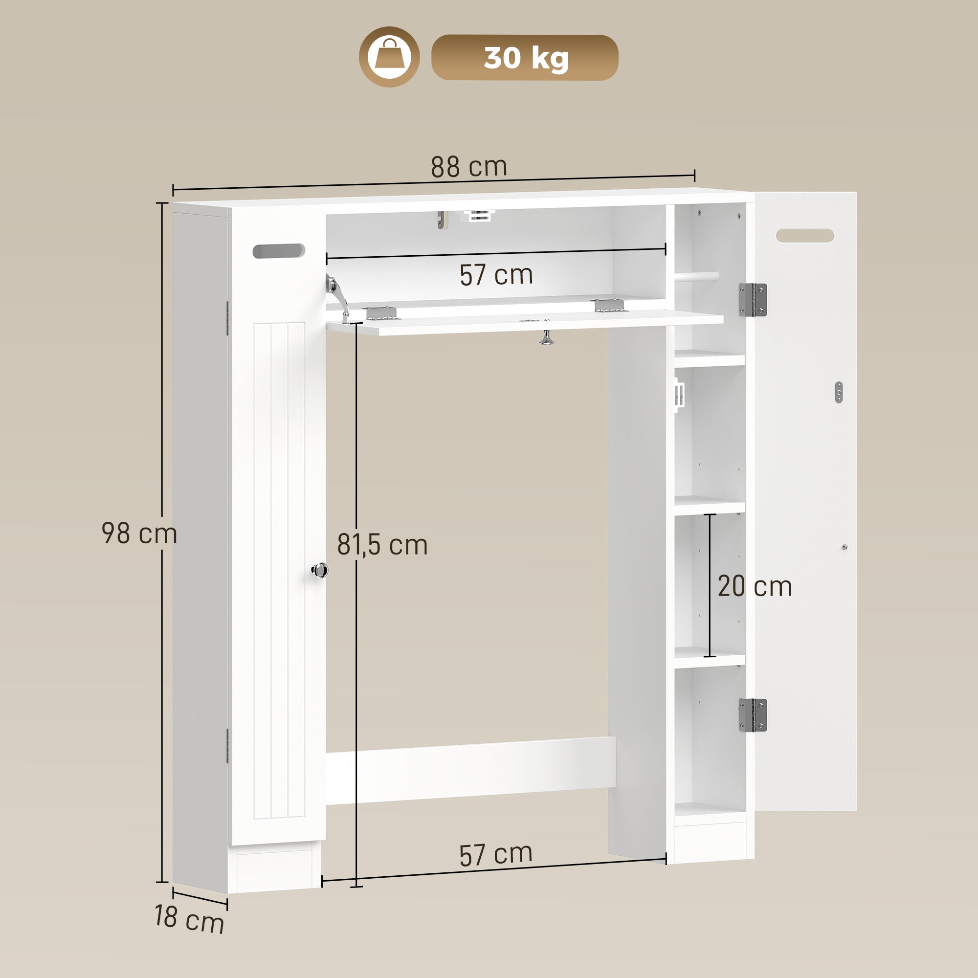 Meuble WC dessus de toilette, armoire au-dessus des toilettes avec 2 placards, tiroir basculant, porte-papier et étagères réglables, 88 x 18 x 98 cm, blanc